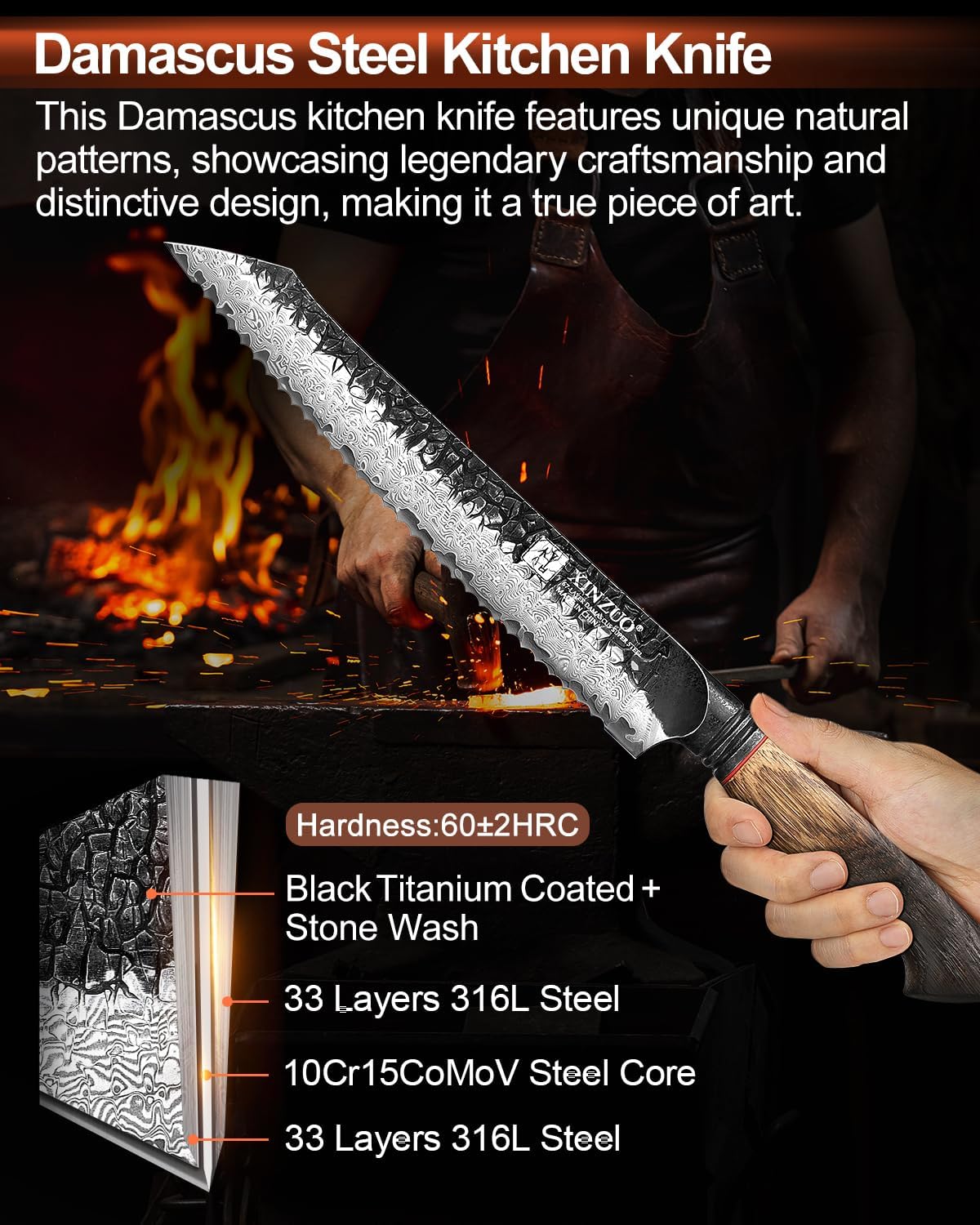 XINZUO Bread Knife For Homemade，Serrated Bread Knife 8.5 Inch Damascus Steel Sharp Slicer Less Crumbs For Bagels, Sourdough, And Soft Produce With Wood Handle