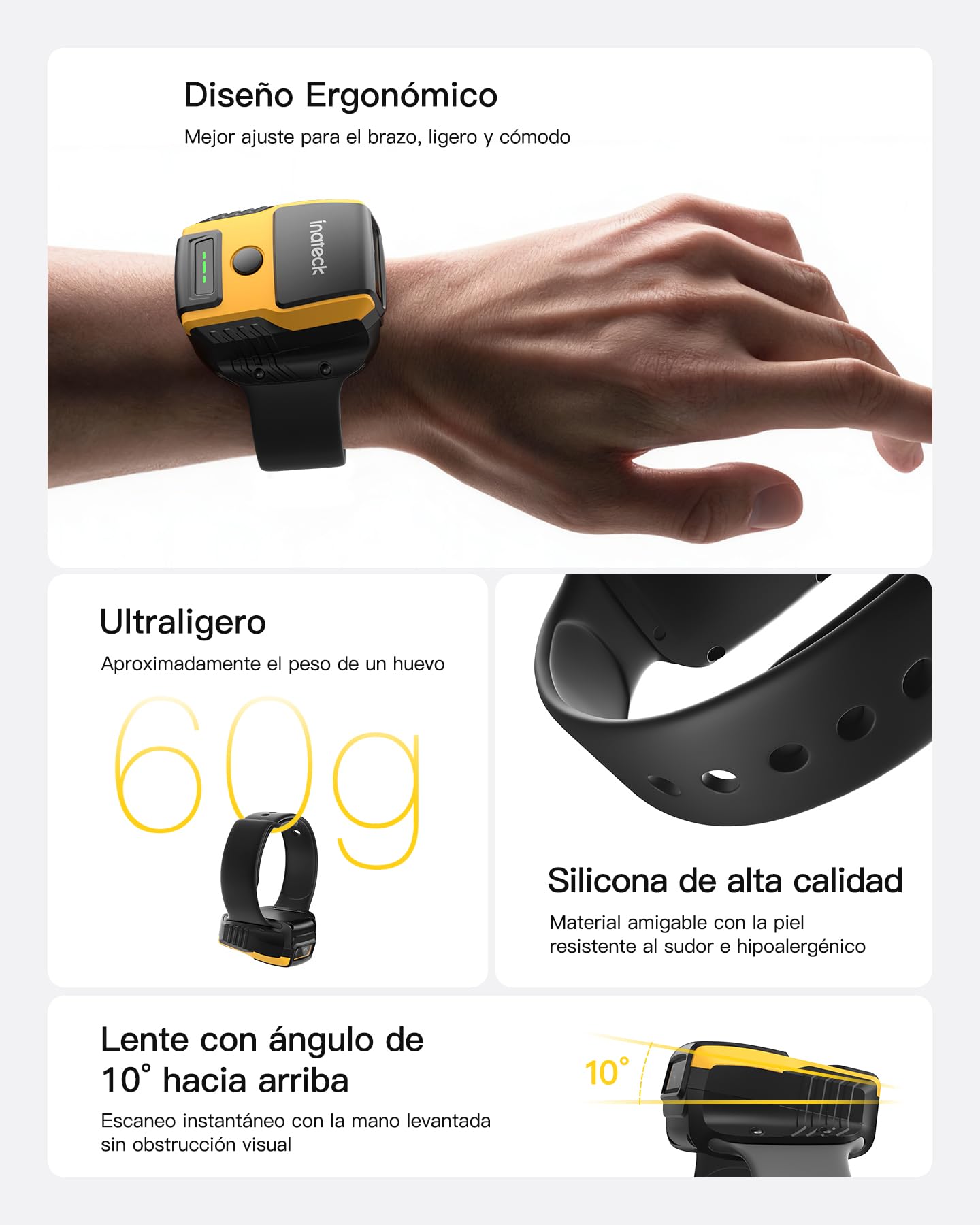Inateck Lector Código de Barras Inalámbrico 1MP 2D QR, Escáner de Muñeca Manos Libres con Control por Voz, Inclinación Ergonómica 10°, Bluetooth 5.3, Ligero 60g para Clasificación, Nano 370