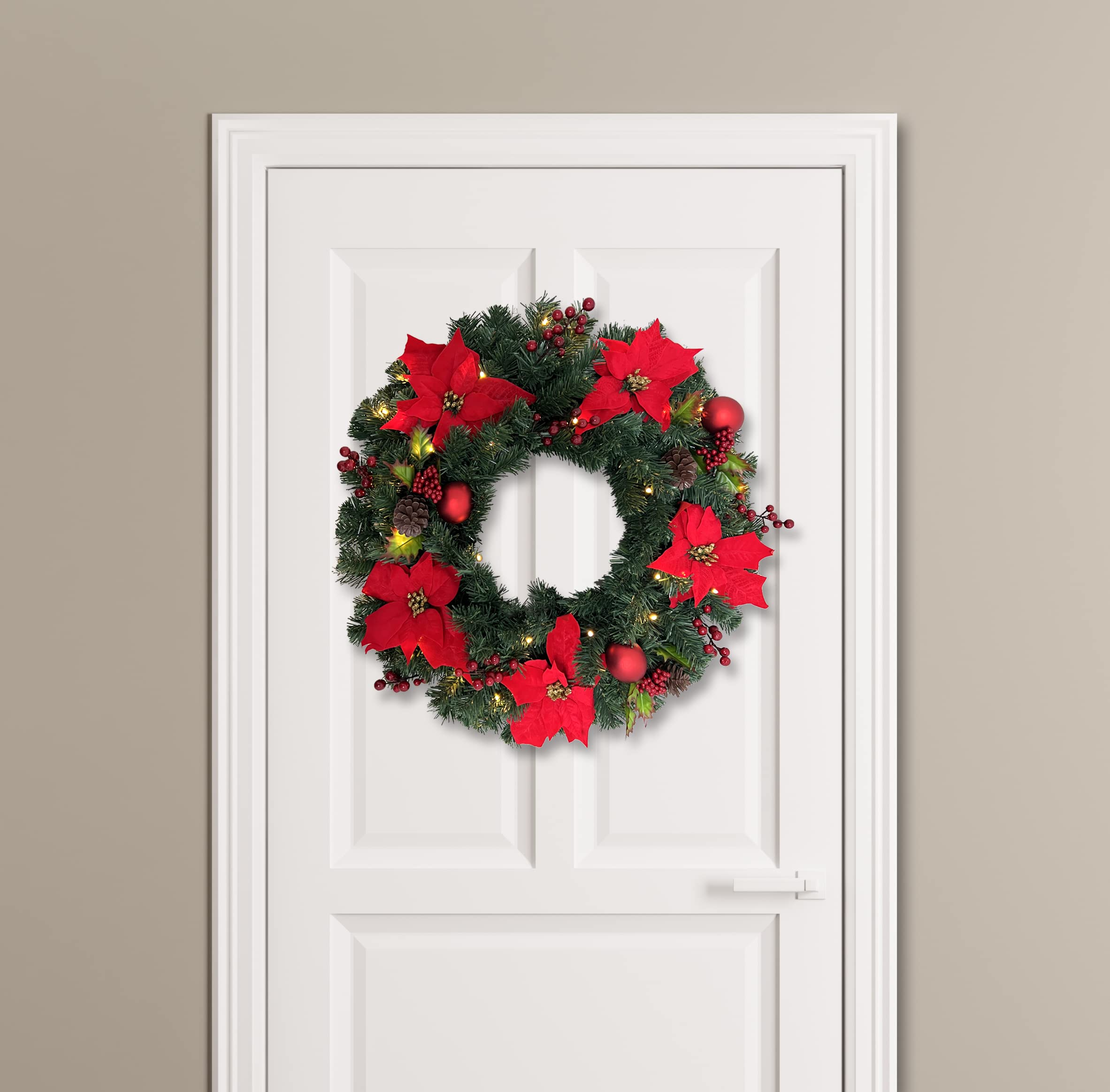 Flexible Flyer Battery Operated Wreath for Front Door. Pre-Lit Evergreen Xmas Lighted Holiday Christmas Outdoor Timer, 24