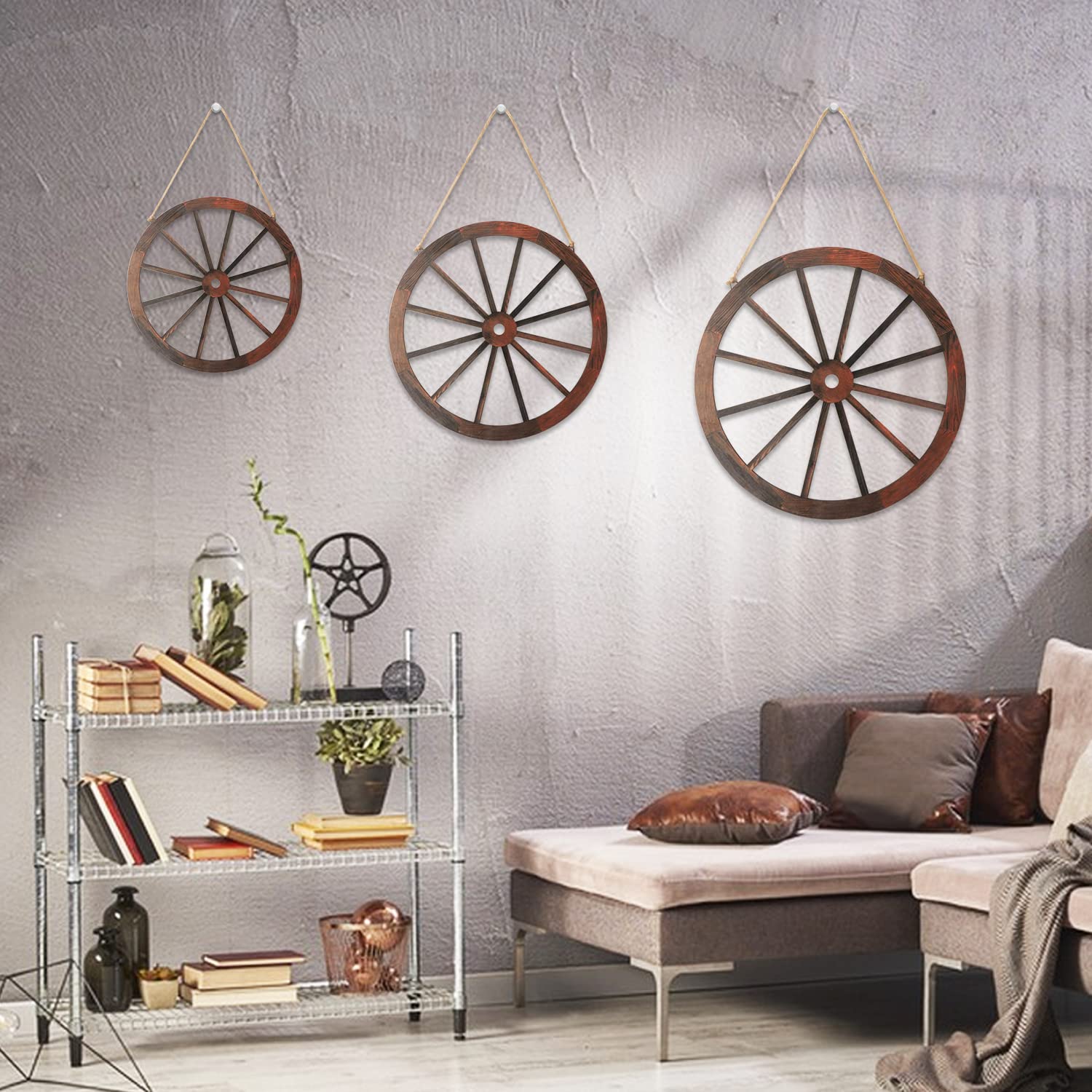 YiYa 3 PCS Wagon Wheel Decor, 20/25/30 CM Rustic Wagon Wheel Wall Decor Wooden Wagon Wheel Decor Wagon Wheel Wall Hanging for Farmhouse Bar Garage Garden - Image 4
