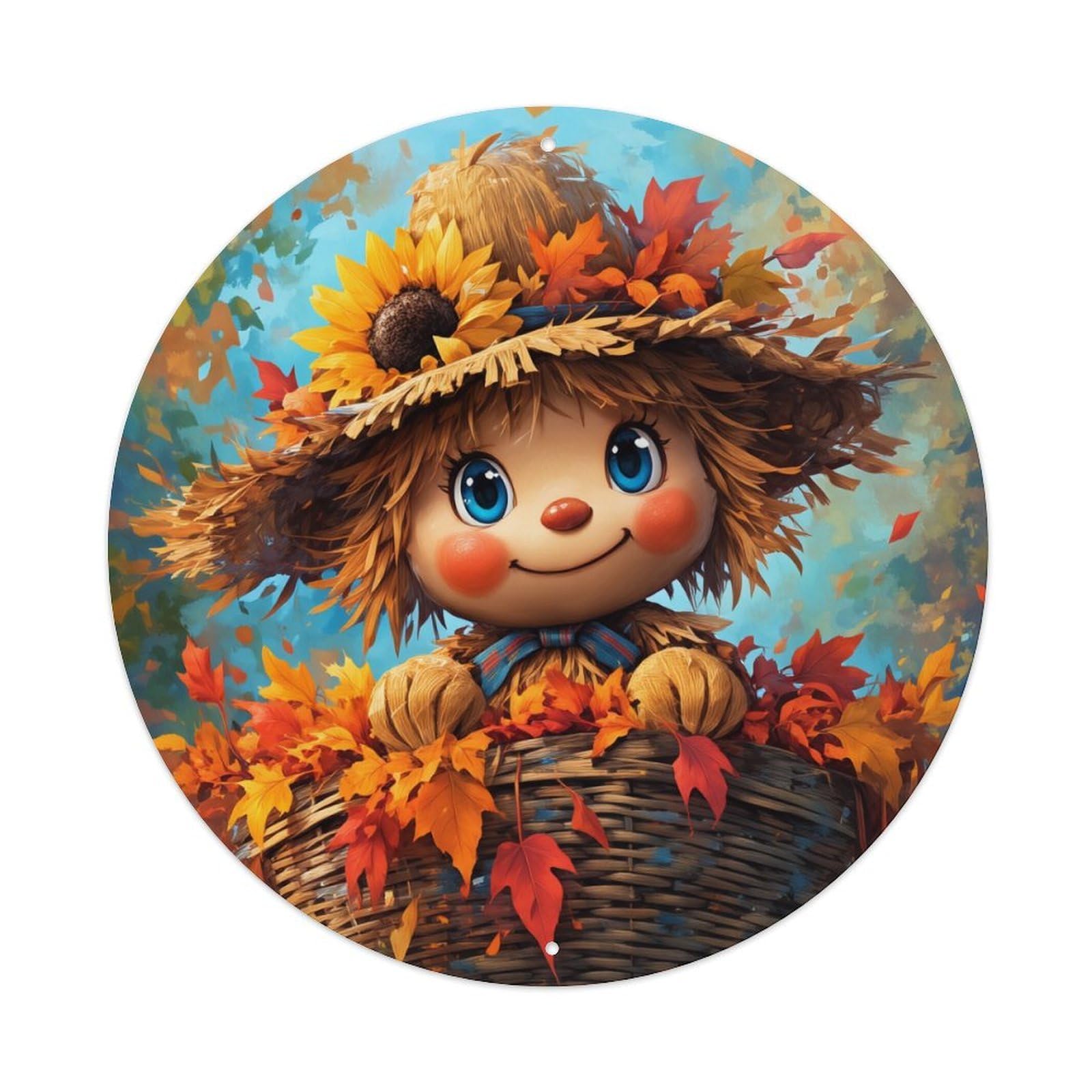 Autumn Leaves Sunflower Scarecrow Basket Round Tin Sign Vintage Metal Poster, Home Bar Garage Man Cave Cafe Indoor & Outdoor Wall Decoration 8x8Inches