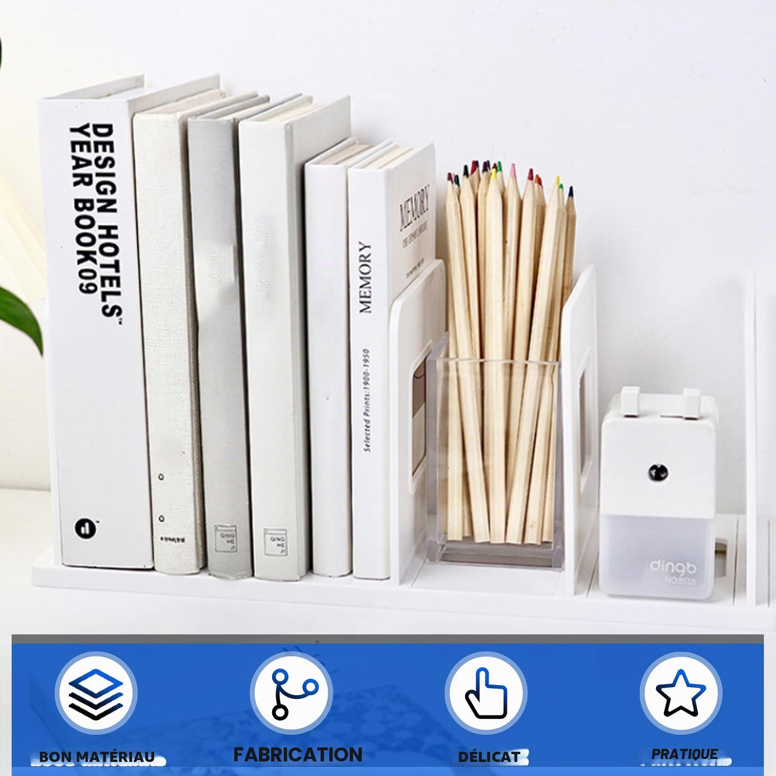 GOMETY Organisateur de bureau - Porte-livres épais amovible avec 4 compartiments - Rangement pour bureau, dossiers, lettres, magazines, livres, CD, cahiers