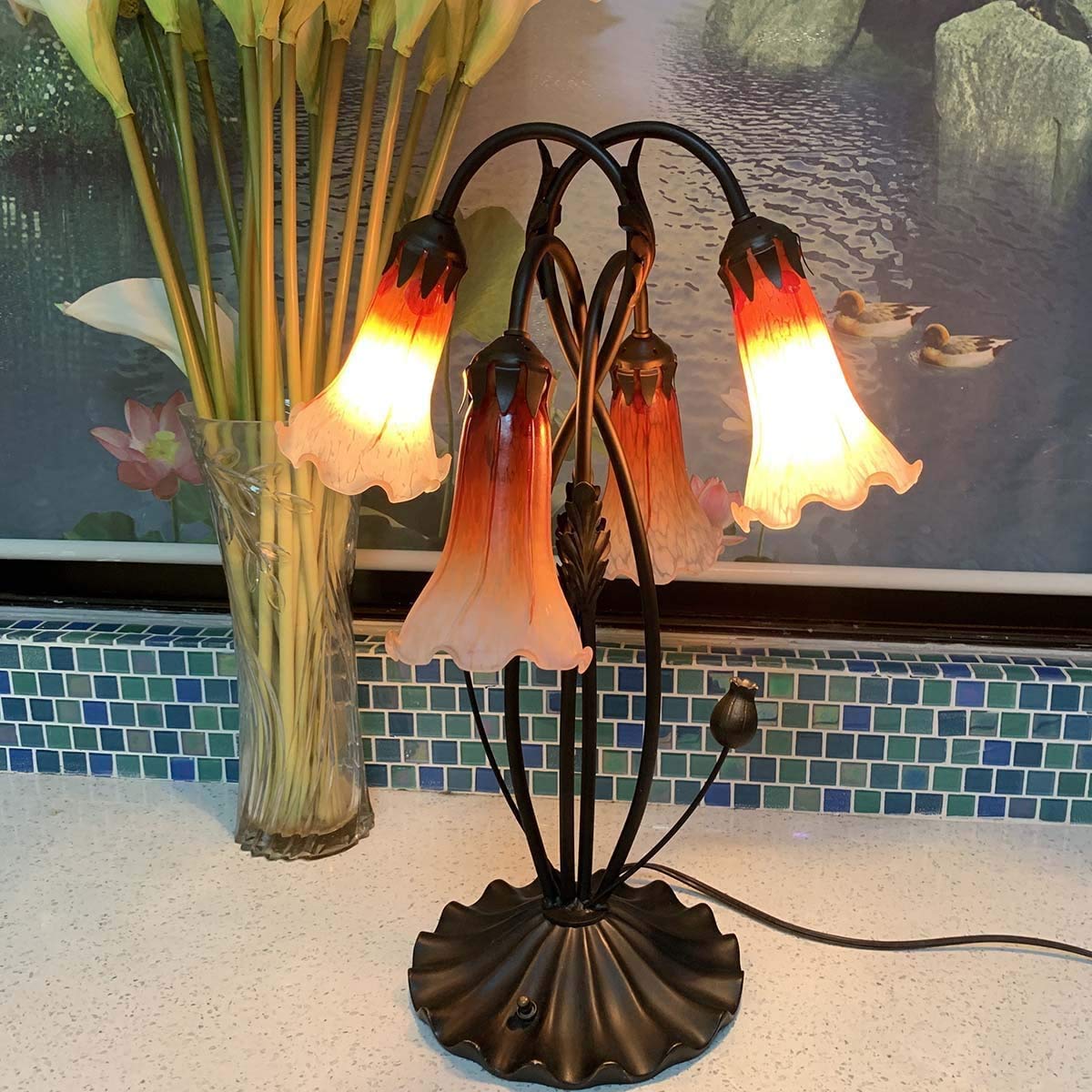 Bieye L30699 Tischlampe mit Lilienblume, geblasenem Glas, Akzent-Tischlampe für Wohnzimmer, Schlafzimmer, Dekoration (Orange, 4 Licht)