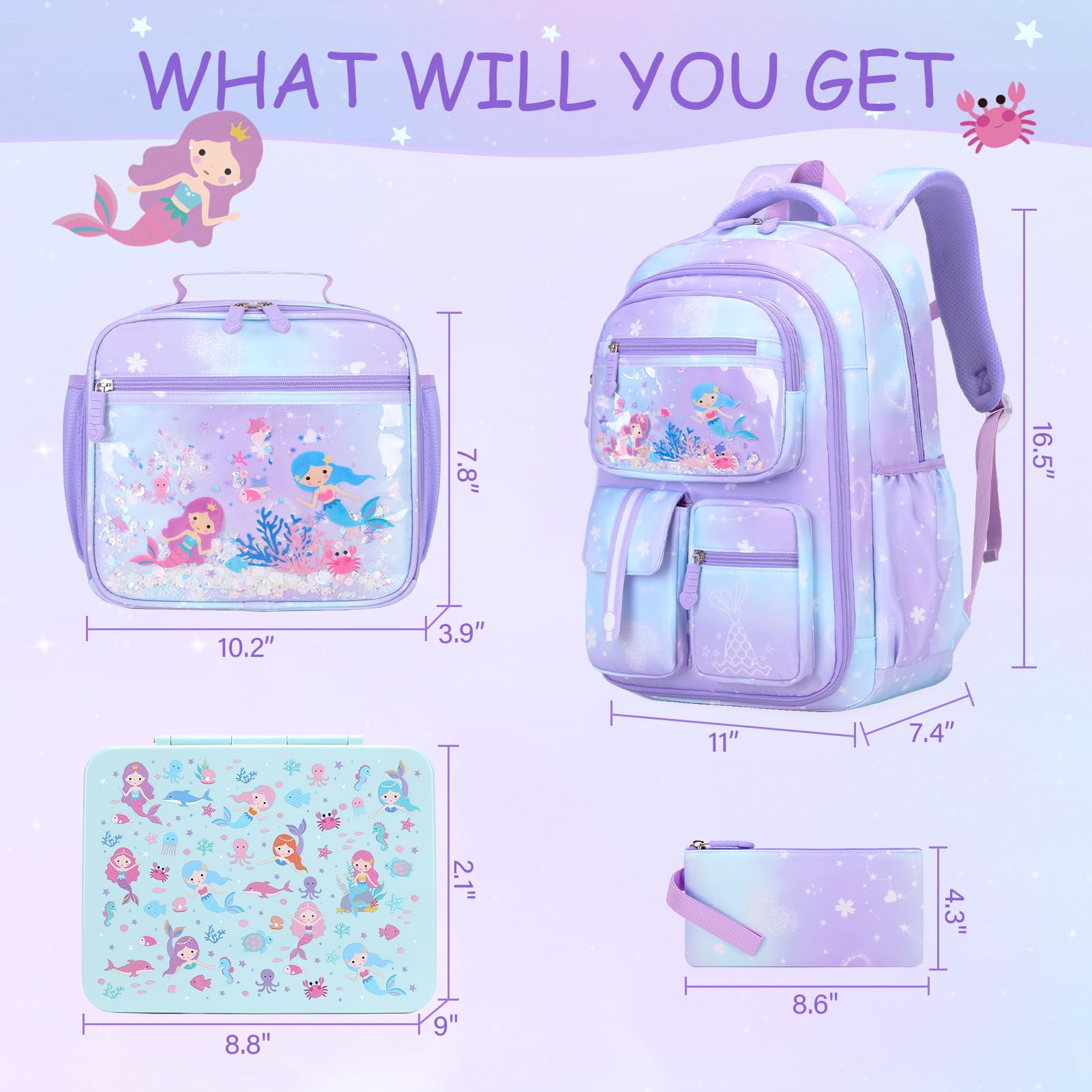 ACESAK Kids Mermaids Bookbag Backpack with 43OZ Bento Lunch Box, Lunch Bag for Teens Elementary Middle School Student, Girls Backpack for School (4pcs Bento Box)