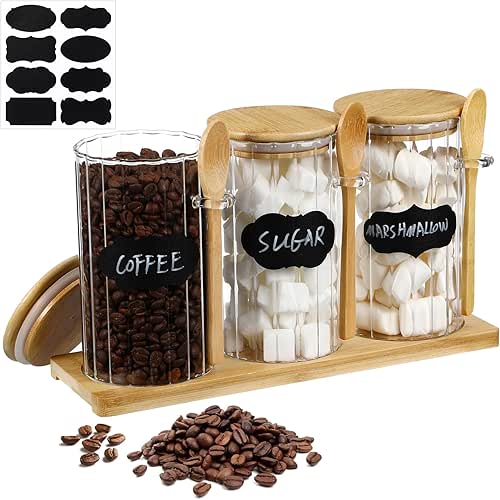 3 Pcs Glass Coffee Container with Bamboo Lids, Spoons, Labels