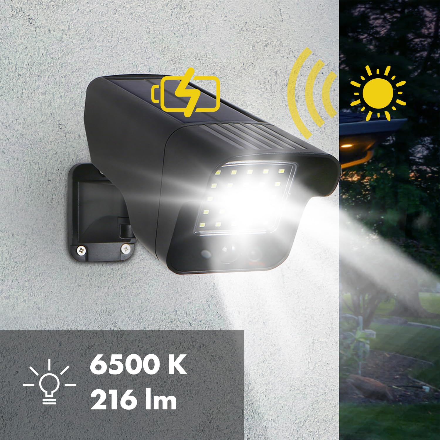 Image showing the dummy camera mounted on a wall, with icons indicating solar charging during the day and bright LED illumination at night, displaying 6500K color temperature and 216 lumens output.