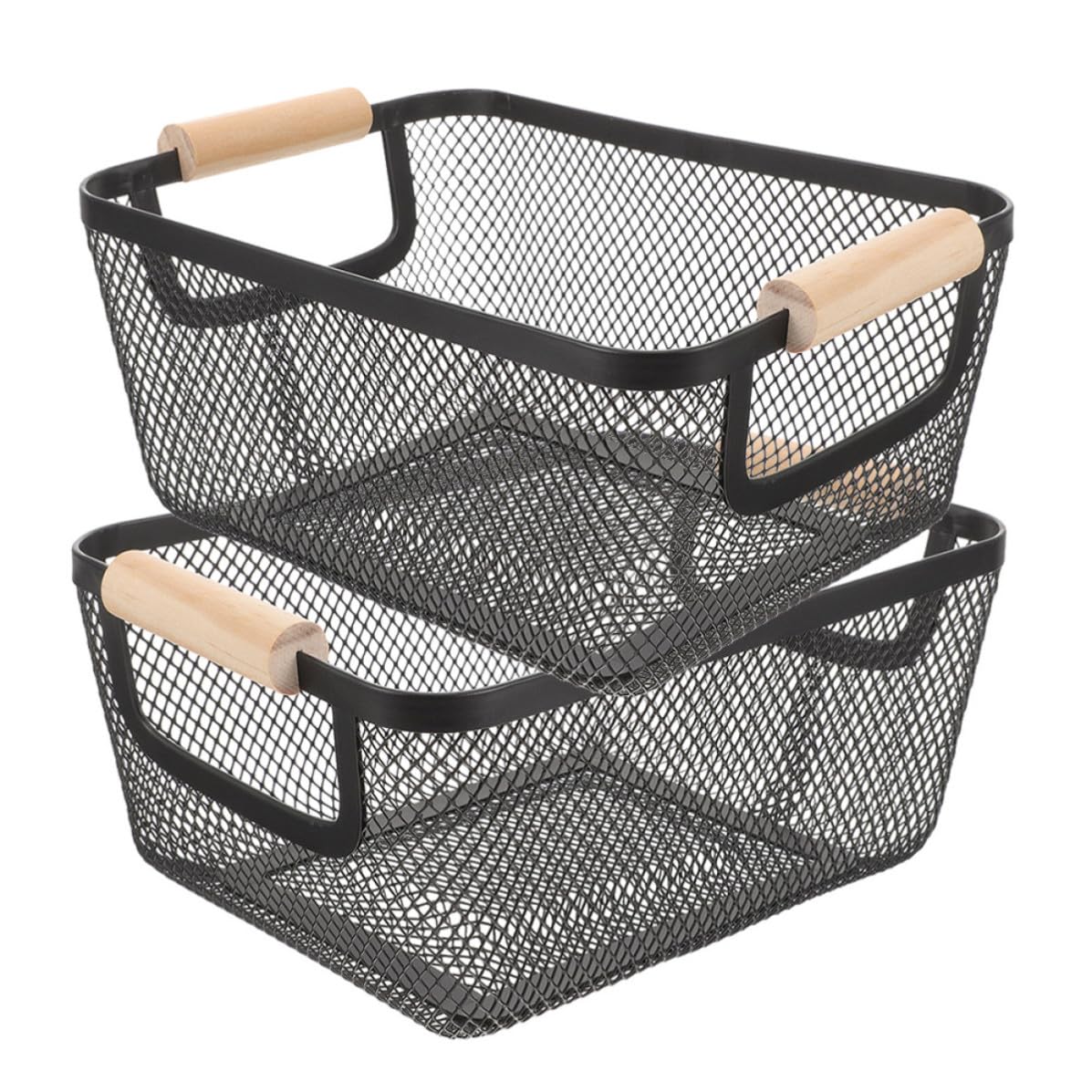UKCOCO 2stücke Metall Mesh Aufbewahrungskörbe mit Nordischen Holzgriffen Robuste Rechteckige Drahtkörbe Platzsparende Küchen Badezimmer Organizer Vielseitige Haushaltsbehälter in Schwarz