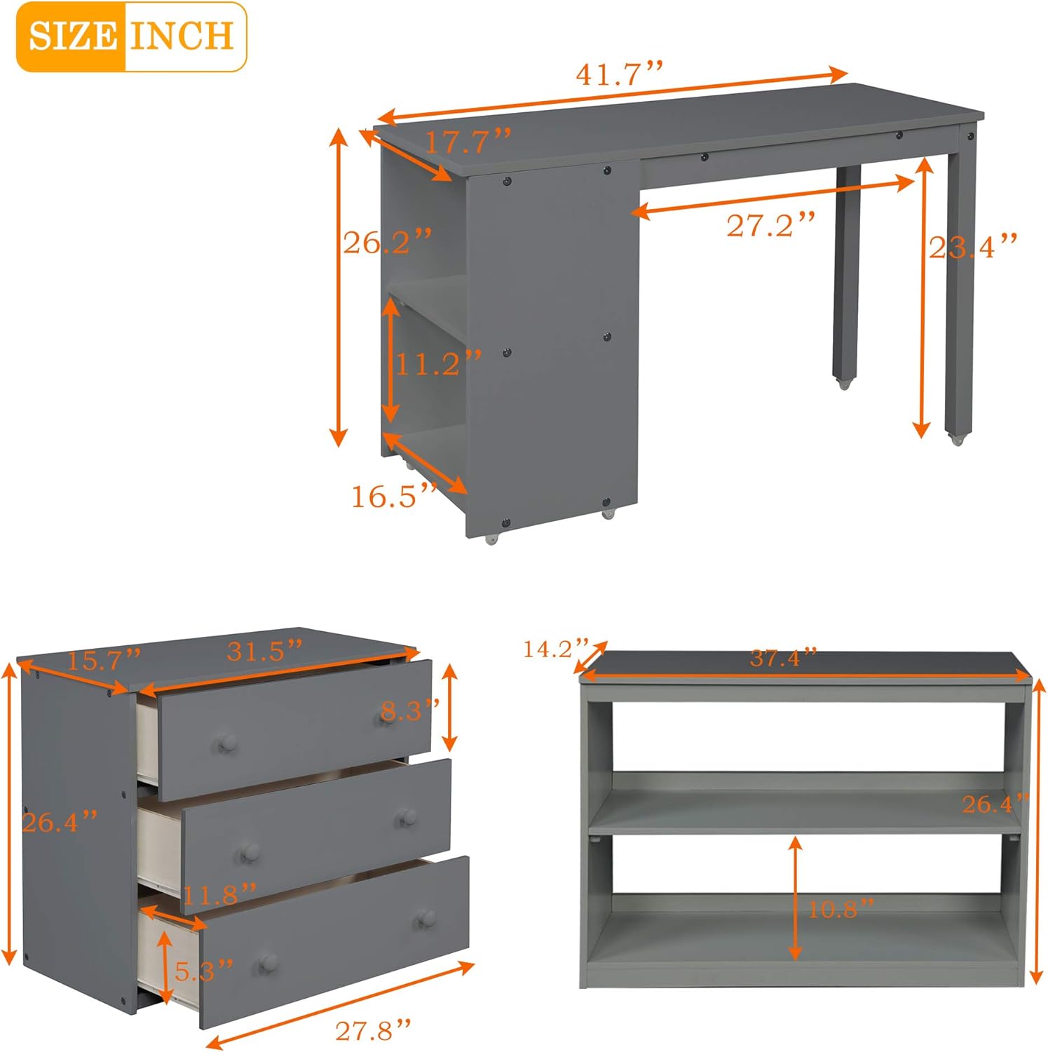 Detailed dimensions of the desk, cabinet, and bookshelf components