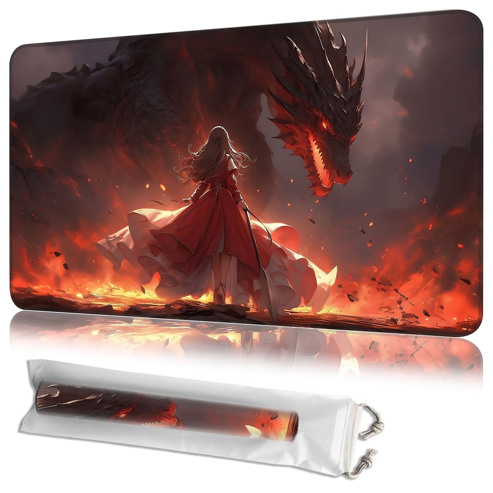 JANENFNA TCG Card Playmat 24" x 14" with Storage Bags for MTG Game Play Mats, Premium Stitched Non-Slip Rubber Tabletop Magic Play Mats Desk Duel Card Breaking Mats, Fantasy Dragon and Battlefield