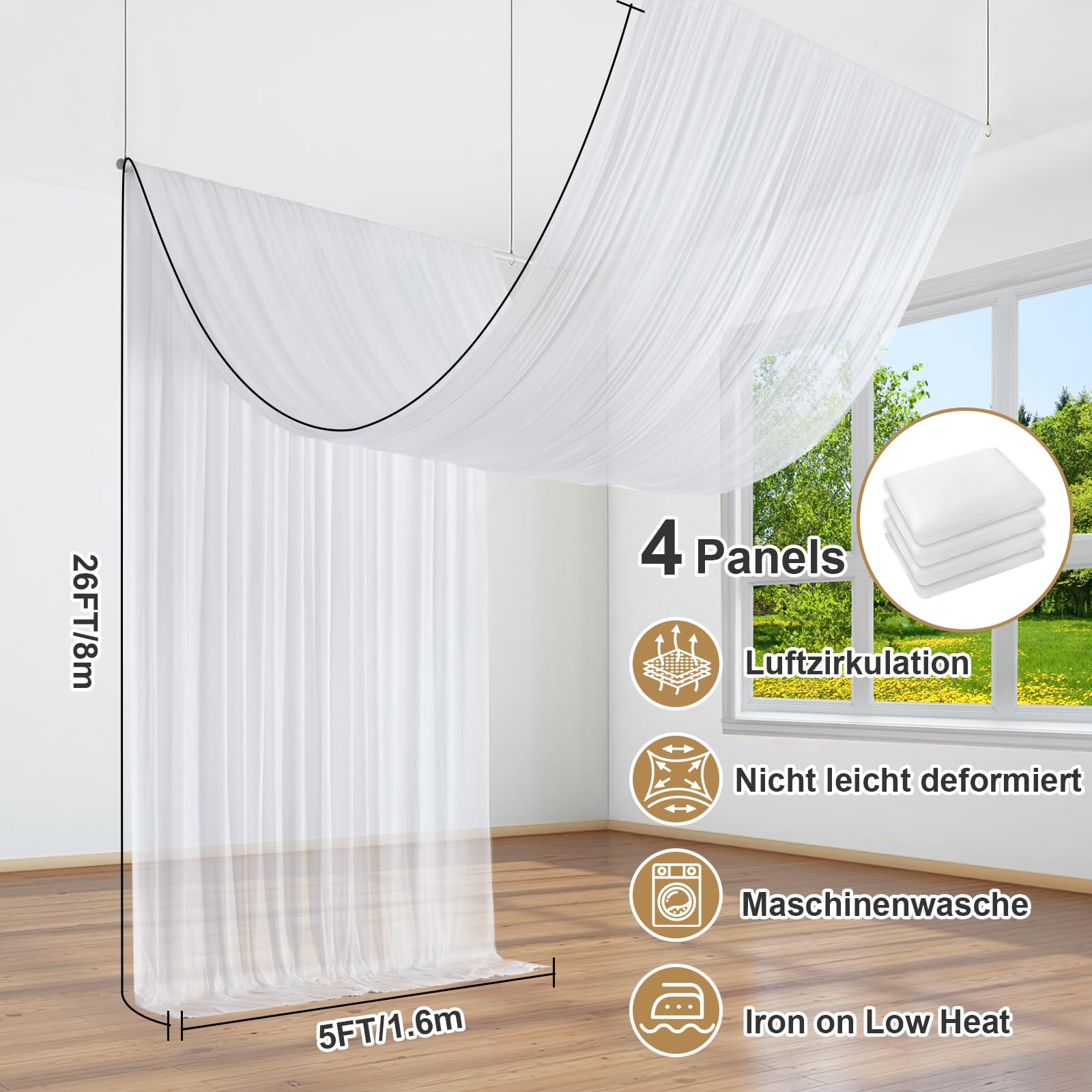 4 białe zasłony ślubne, białe zasłony, 15 m x 66 m, szyfon, na wesele, na imprezę, ceremonię, wesele, jako dekoracja na baby shower, recepcję, na scenę, jako dekoracja