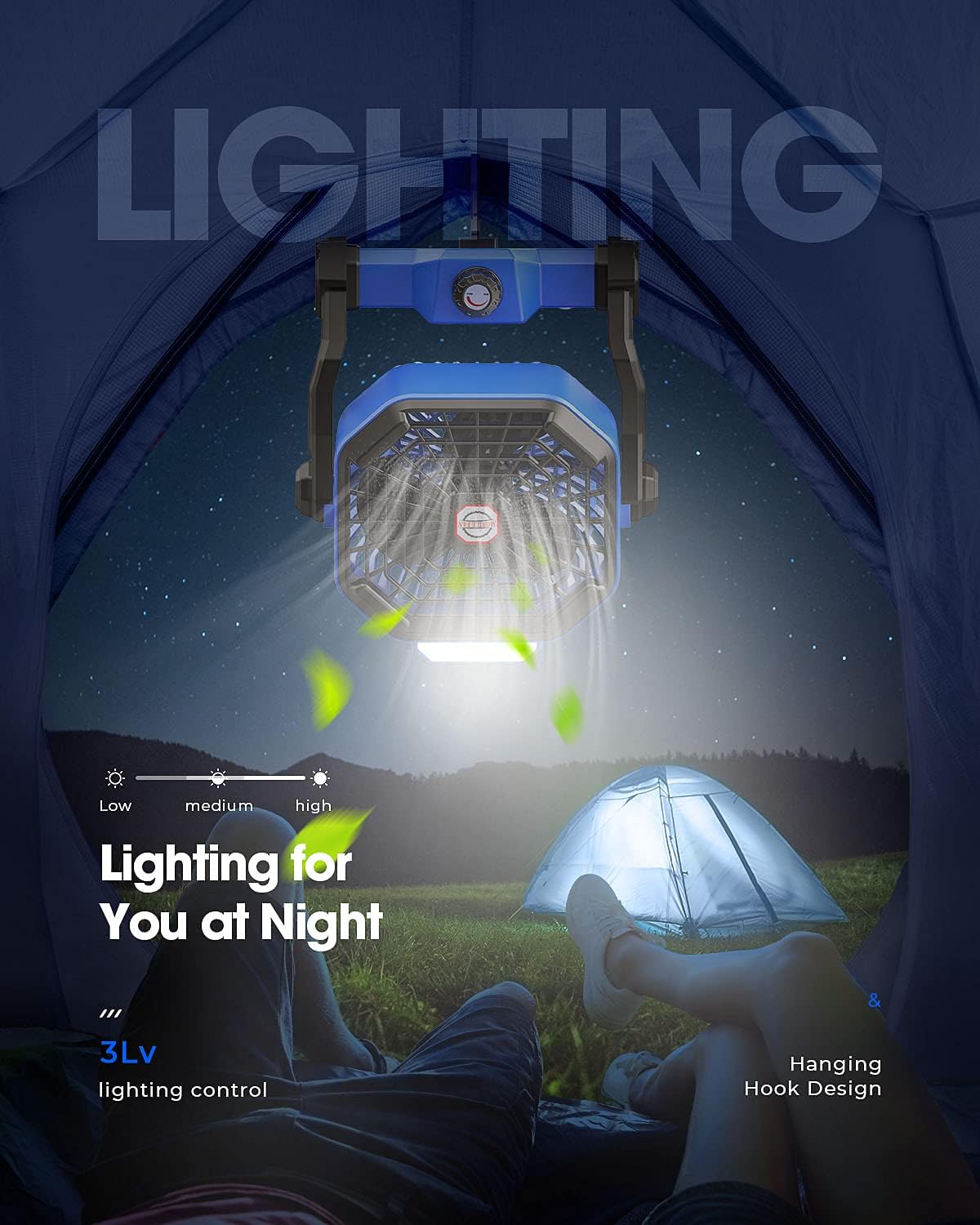 Portable Fan Rechargeable, 8-inch 10400mAh Battery Operated Powered Fan, Outdoor Camping Fan with Light & Hook, Personal USB Desk Fan, for Bedroom, Table, Home, Office, Tent, Travel (Blue) : Home & Kitchen