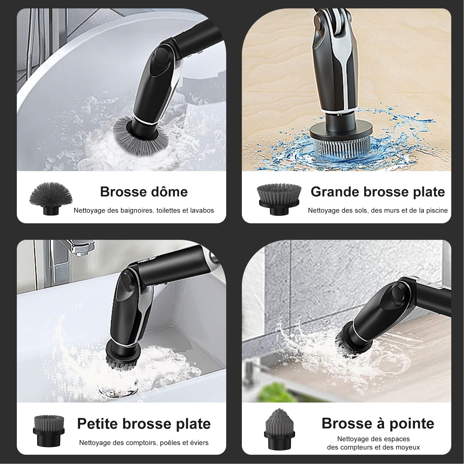 Likai Cepillo giratorio eléctrico, cepillo de ducha con mango largo y 8 cabezales de cepillo reemplazables, potente limpiador para baño, bañera, azulejos, lechada, suelo, cocina, coche, color negro