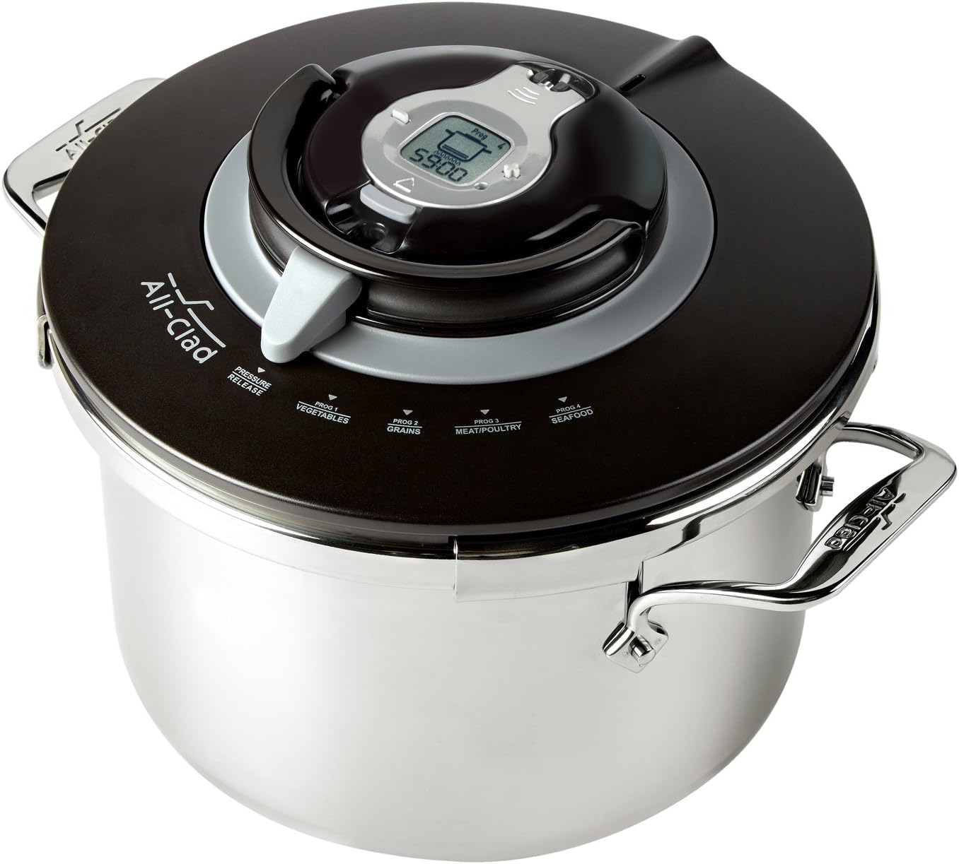 Arriba view of All-Clad PC8 pressure cooker lid with digital display