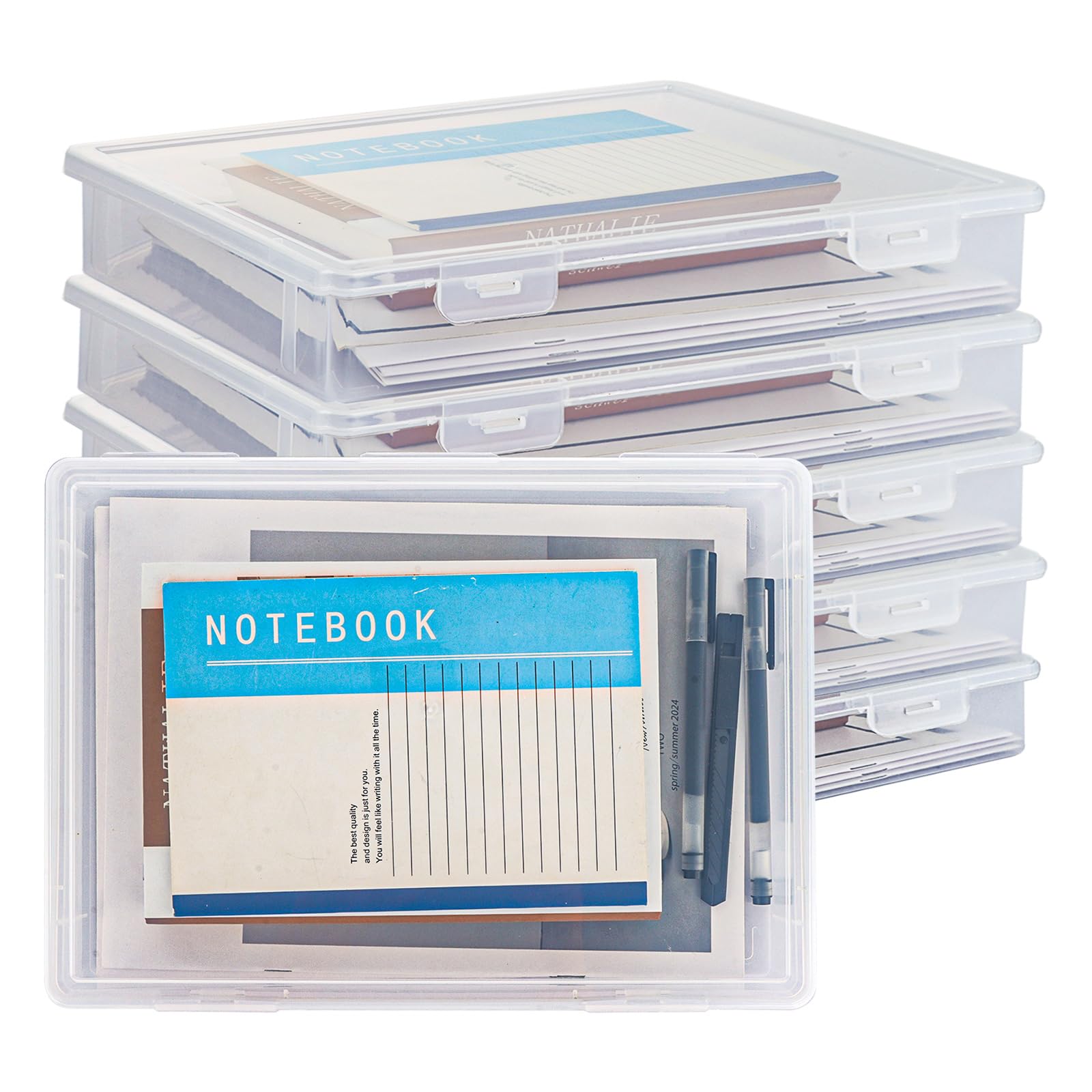 LDXDRU 6 Pack 31 x 22 x 5cm Plastic A4 File Box with Lid, Clear Plastic Document Paper Storage Box with Buckle, Waterproof A4 File Storage Box for Craft Magazine Art Supplies