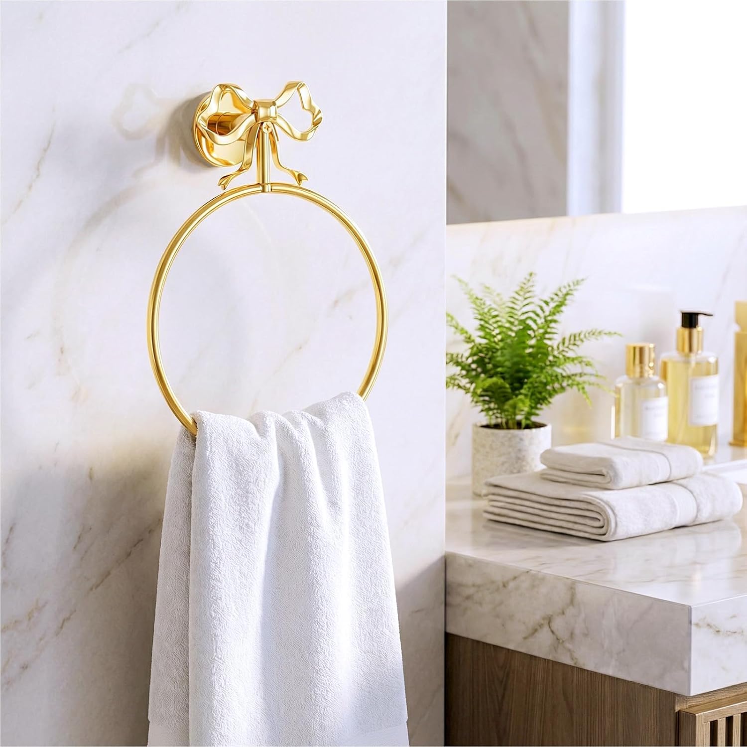 Bow Towel Holder, Gold Brass Vintage Hand Towel Ring with Elegant Bow Design, Retro Wall Mount Hanger for Bathroom Kitchen Decor, Durable Solid Brass Construction, 8.8 Inches
