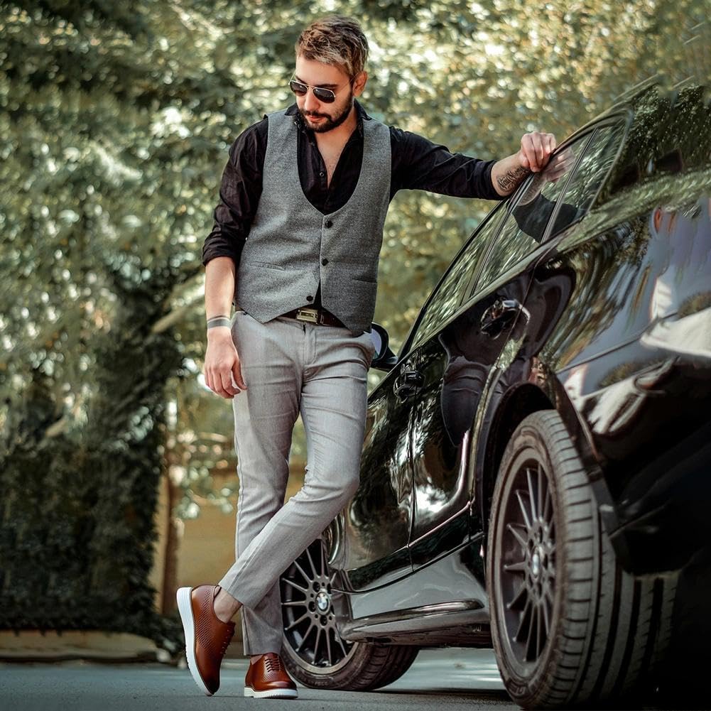 CHAMARIPA Herren Business-Casual-Schuhe mit 7 cm unsichtbarer Innenerhöhung | Obermaterial aus Vollnarbenleder, Integrierte erhöhende Einlegesohle, geeignet für Büroarbeit und alltägliche Anlässe.