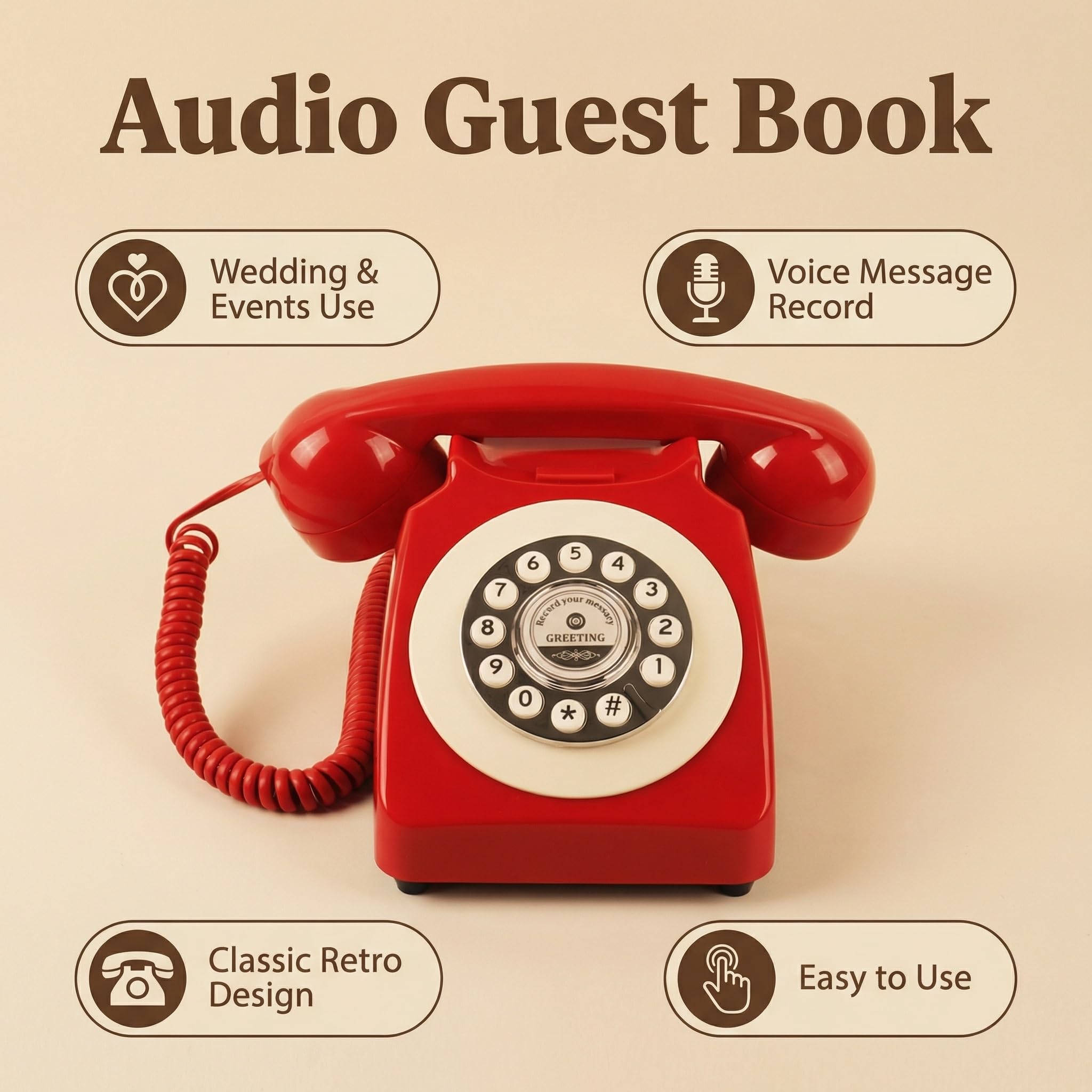 Sprachaufzeichnung Audio Gästebuch - Gästebuch Telefon für Hochzeiten, Brautpartys, Jubiläen | Retro Telefon Voice Recorder | USB Wiederaufladbares Speichertelefon | Einzigartiges Hochzeitsgeschenk