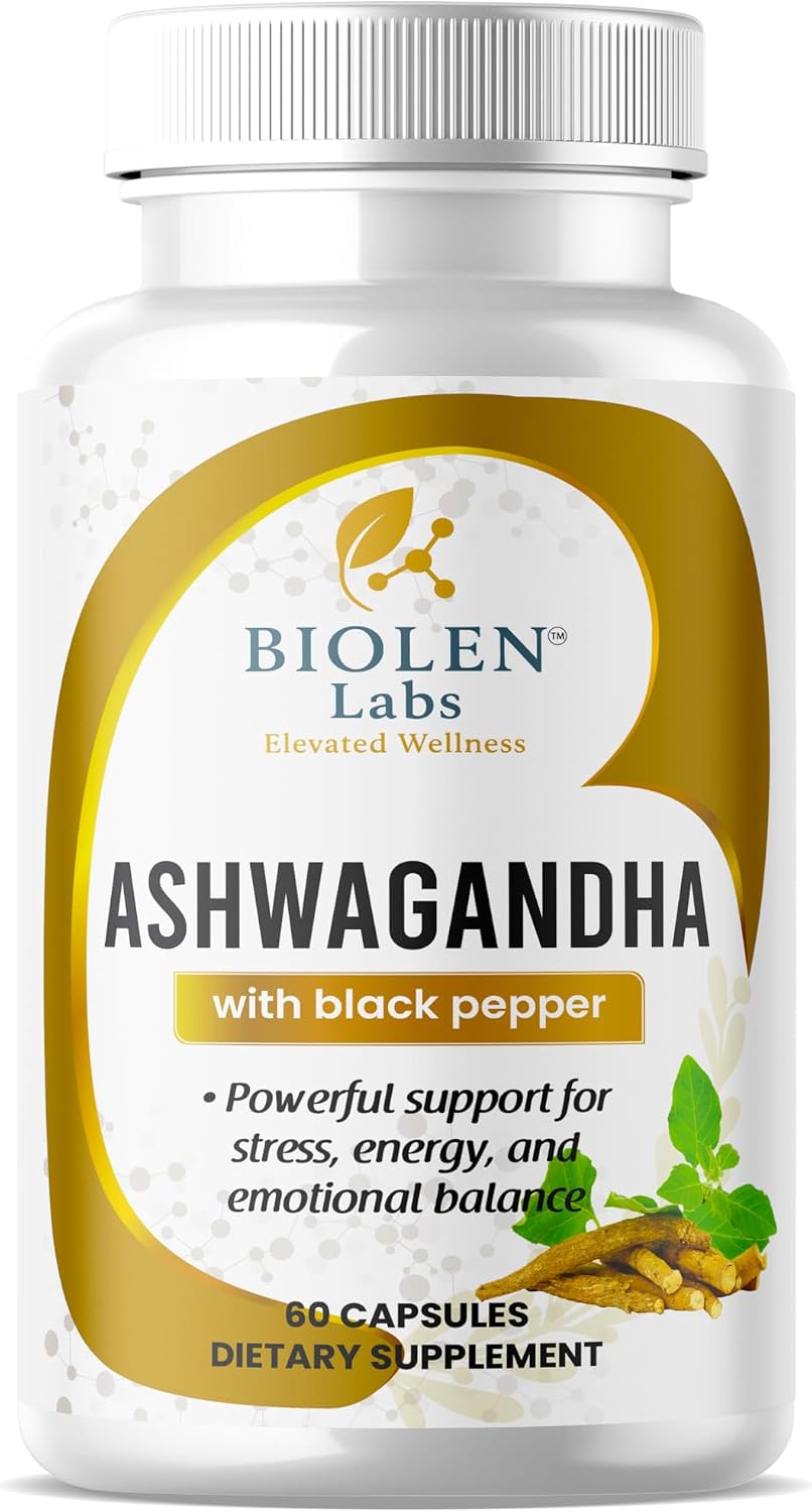 Biolen Labs Ashwagandha Extra Strength with Black Pepper, 1300mg, 60 Capsules, Natural Stress Relief, Mood Support, Energy Supplement