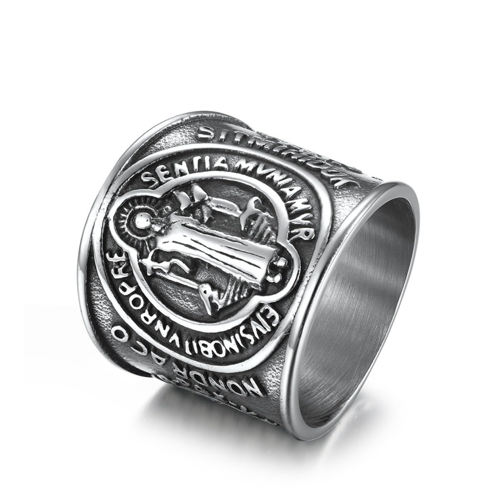 VHJdtE Rings, Saint Benedict Image Titanium Steel Benedictine Medal Side Design Religious Amulet Exorcism Jewellery(Silver,Y)