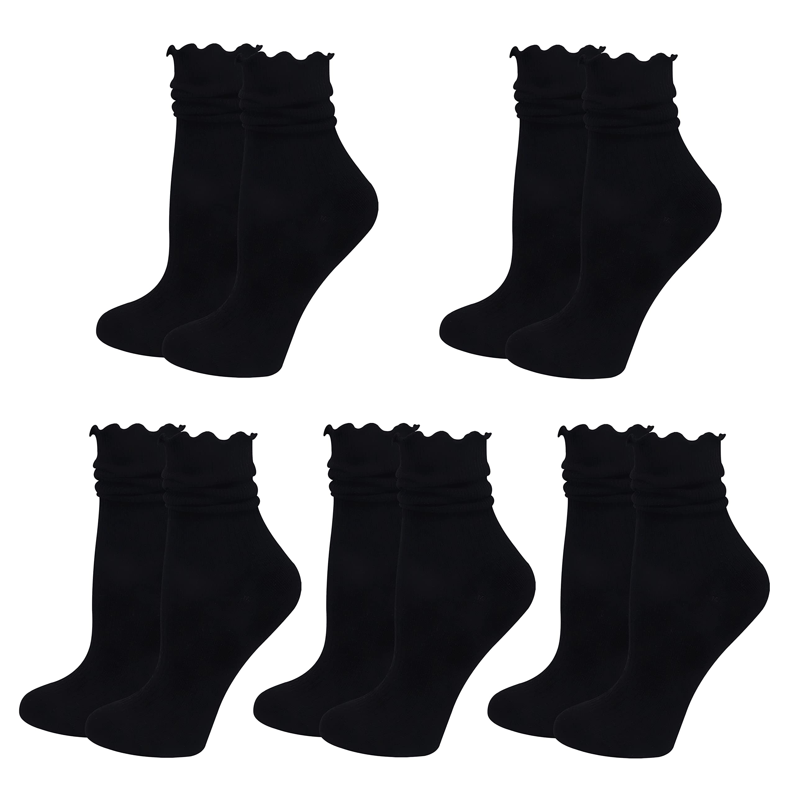 Bienvenu Women's Ruffle Slouch Socks, 5 Pairs, Black, One Size (US 5-8.5/UK 2.5-6), 80% Cotton 20% Spandex