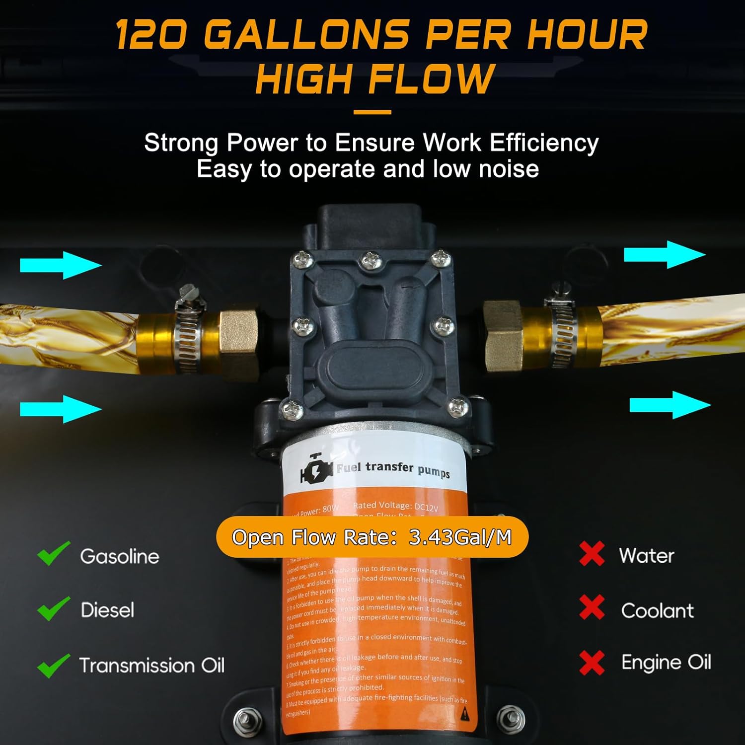 12V Fuel Transfer Pump Moves 120 Gallons of Gas or Diesel Per Hour. With Car Cigarette Lighter Plug, Battery Clip and Upgraded Carrying Case, for UTVs, Vehicles, Boats, Equipment.(80W)
