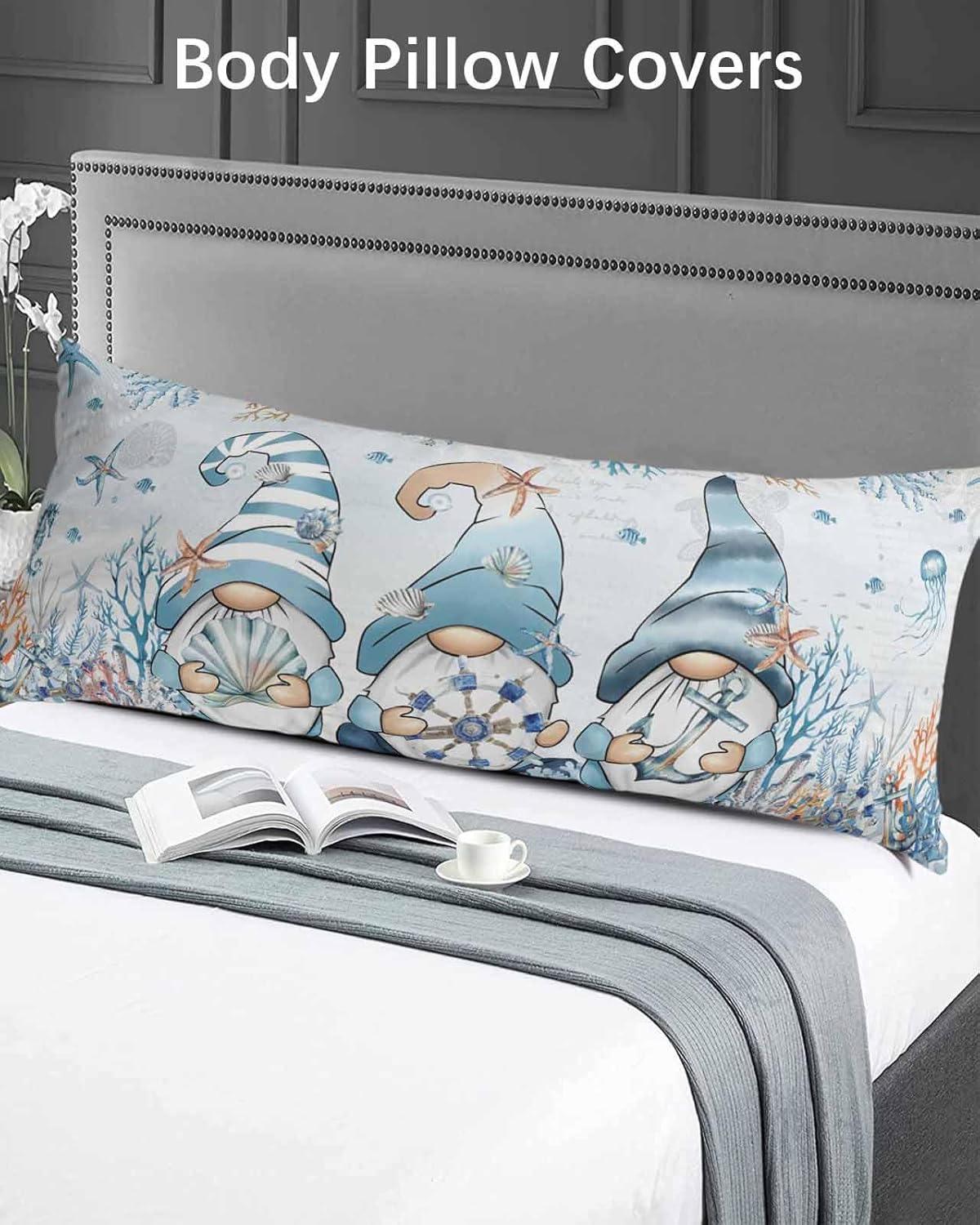 DecorLovee Coastal Gnomes Body Pillow Case Cover - Microfiber Bed Throw Pillow Covers, Nautical Beach Starfish Coral Blue Decorative Lumbar Pillow Cover with Envelope Closure for Sofa/Travel 20"x54"