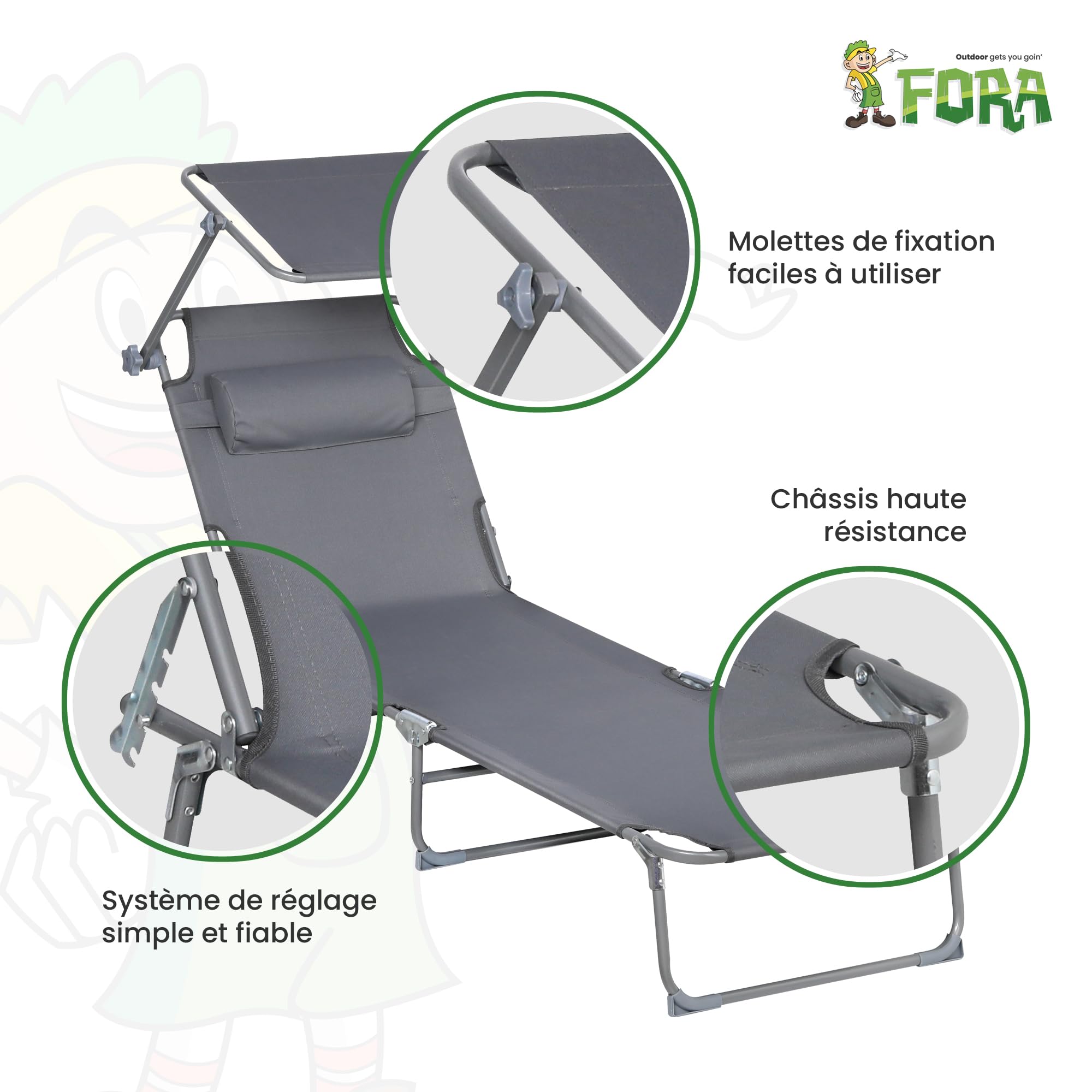 FORA Set de 2 Chaise Longue Pliables avec Coussin - Dossier 3 Positions, Oxford 600D, Sangle de Transport, Couleur Gris