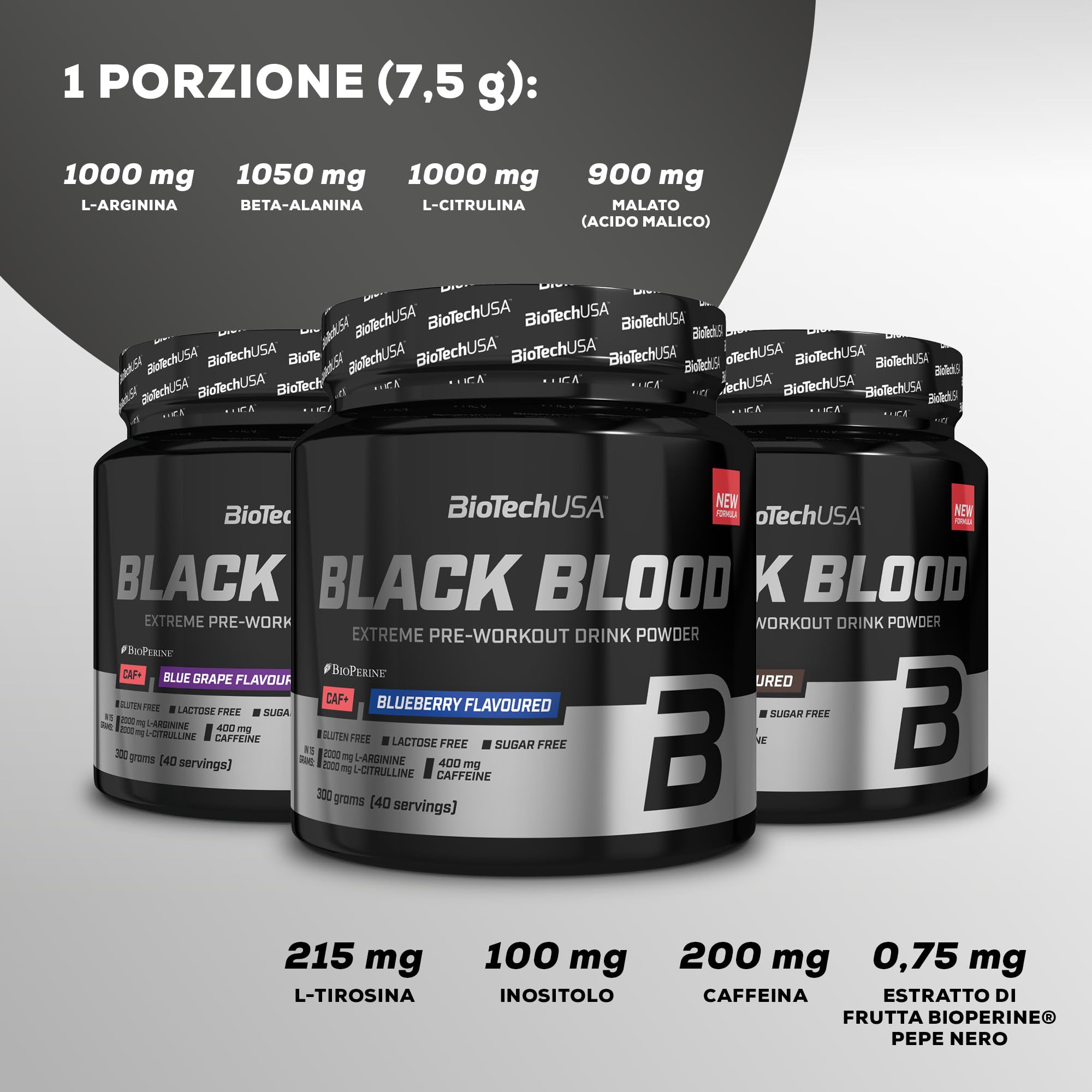 BioTechUSA Black Blood CAF+ | formula pre-workout | 12 principi attivi | Con citrullina e beta-alanina | complesso multicomponente pre-allenamento | Senza zucchero | 300 g, Mirtilli