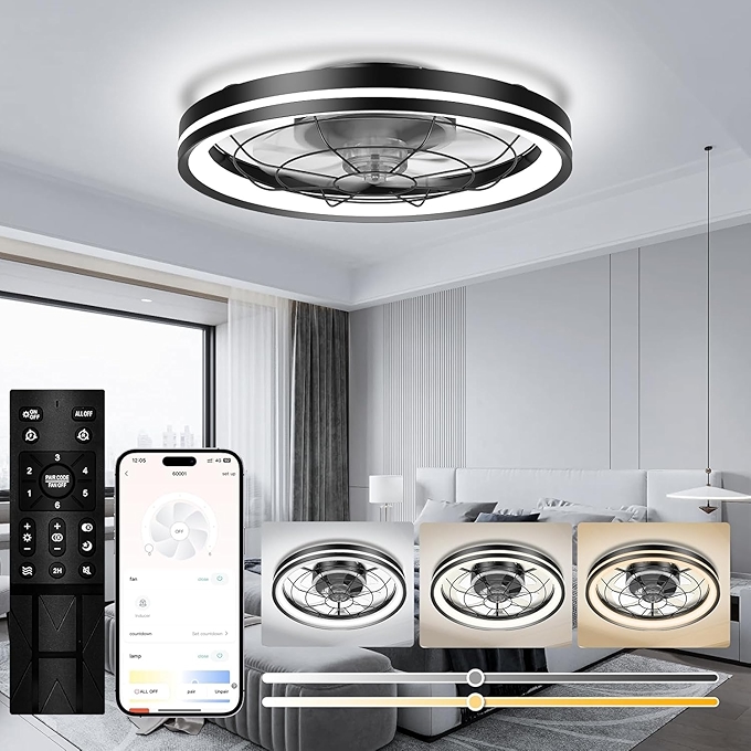 空白低调嵌入式吊扇带灯遥控免叶片静音风扇适用于儿童房与客厅