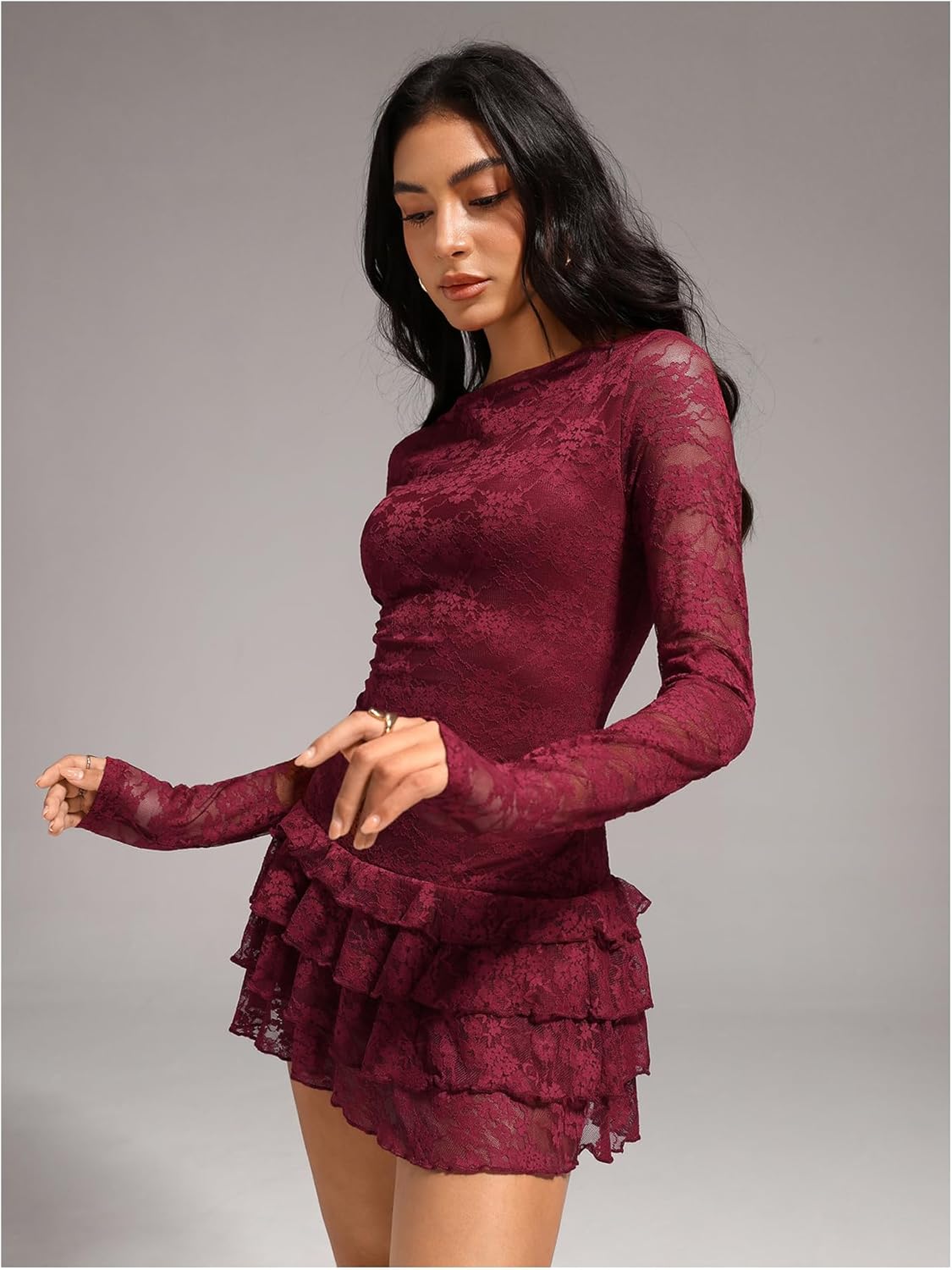 WDIRARA Women's Floral Lace Sheer Long Sleeve Boat Neck Layered Ruffle Mini Dress - Image 6