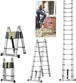 5M Portable A-Frame Ladder Multi-Purpose Aluminium Telescopic Folding Extension Portable Heavy Duty Loft Ladder- 16 Steps 150KG Load Capacity- Extendable 88Cm to 500Cm Small Gift