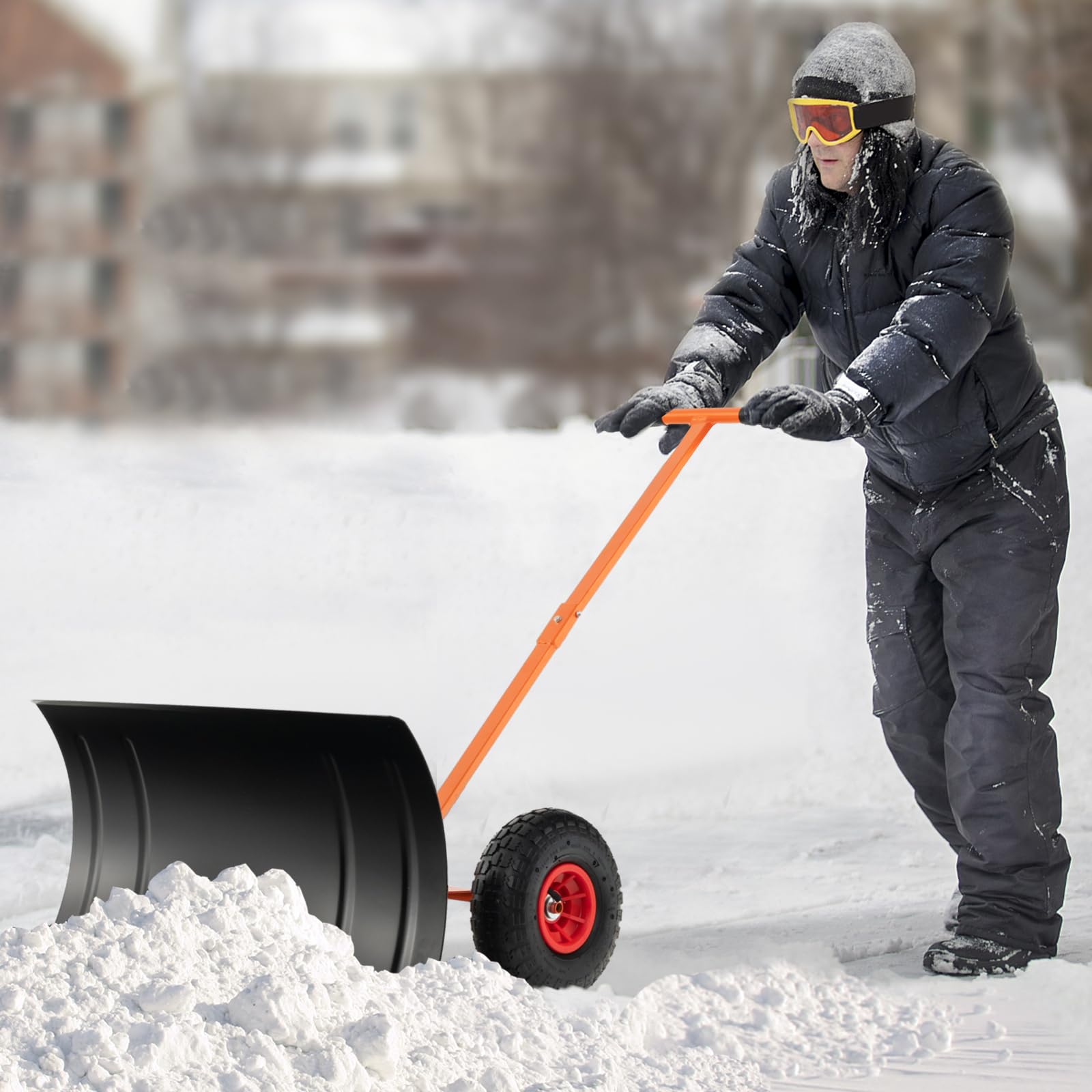 COSTWAY Łopata do śniegu na kółkach z regulacją wysokości, tarcza do śniegu 74 cm, szerokość robocza 49 cm, chroniąca plecy szufla do śniegu z regulowanym kątem, odśnieżarka metalowa