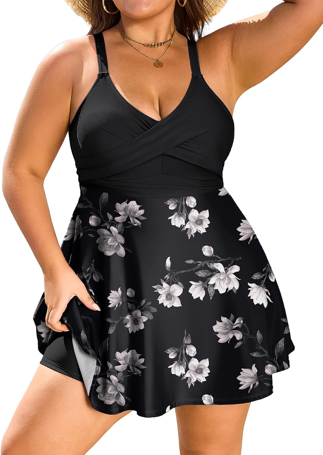 HUSKARY Plus Size Swimsuits for Women Swim Dress Tummy Control Two Piece Bathing Suit Flowy Tankini with Boyshorts