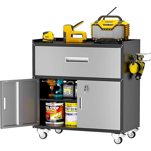 Metal Garage Storage Cabinet with Wheels, Lockable Rolling Tool Chest with Wheels, Tool Cabinet on Wheels, Utility Cabinet for Home, Office, Garage and Workshop, Black & Gray