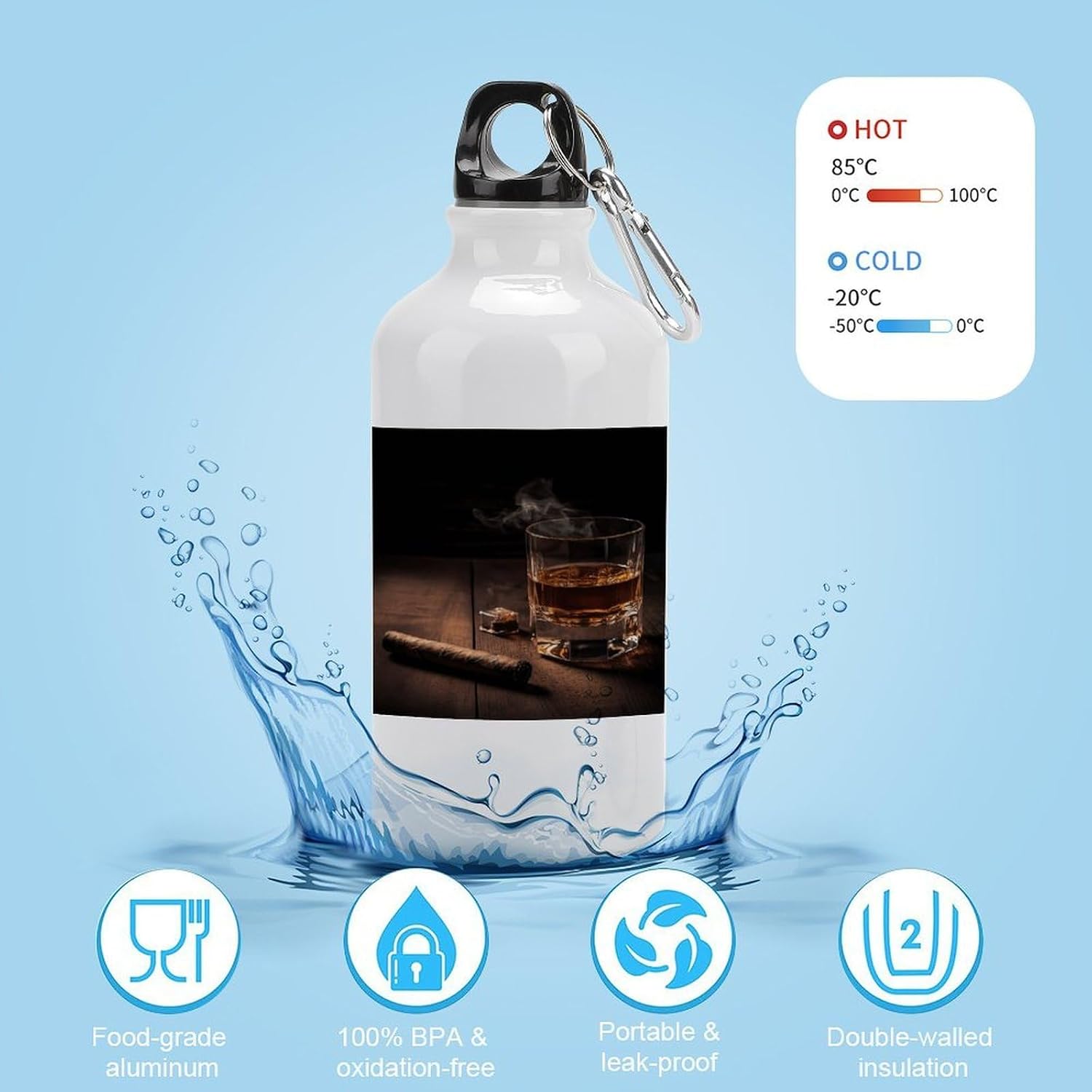 Cigar & Whiskey Aluminum Water Bottle with Lid & Hook 400ml Portable Sports Water Bottle Lightweight Leak Proof Metal Travel Water Bottles for Camping Hiking Cycling Outdoor image 4
