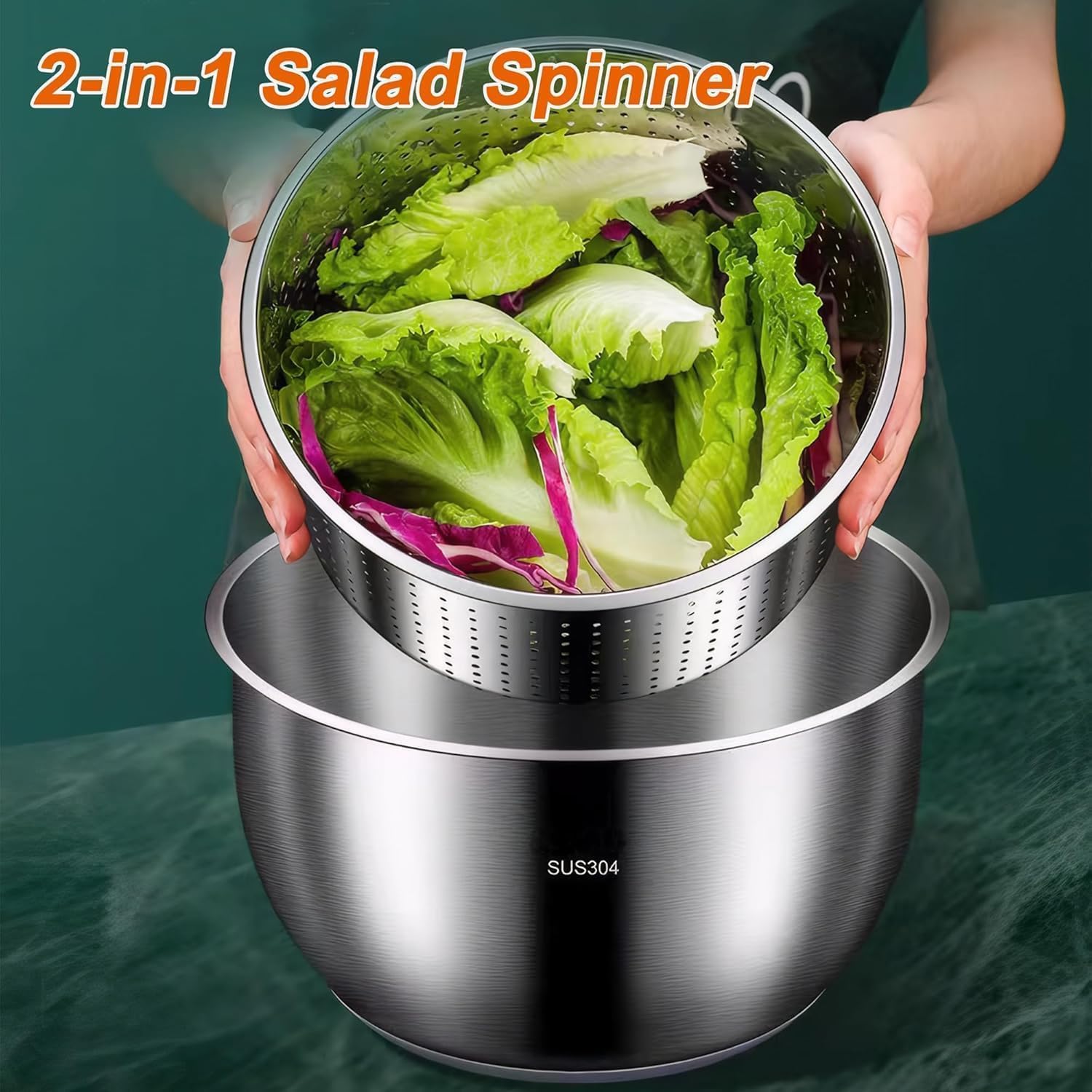 Salatschleuder aus Edelstahl, 6 l, Gemüse- und Obstwascher, Salattrockner mit Schnellschleudern und PP-Deckel, multifunktionales Küchenwerkzeug für Nudeln und Pommes