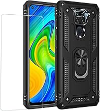 Joytag Compatible with Xiaomi Redmi Note 9 Cover, Case + Tempered Glass Silicone TPU 360 Degree Rotating Magnetic Ring Holder for Car Phone Case-Black