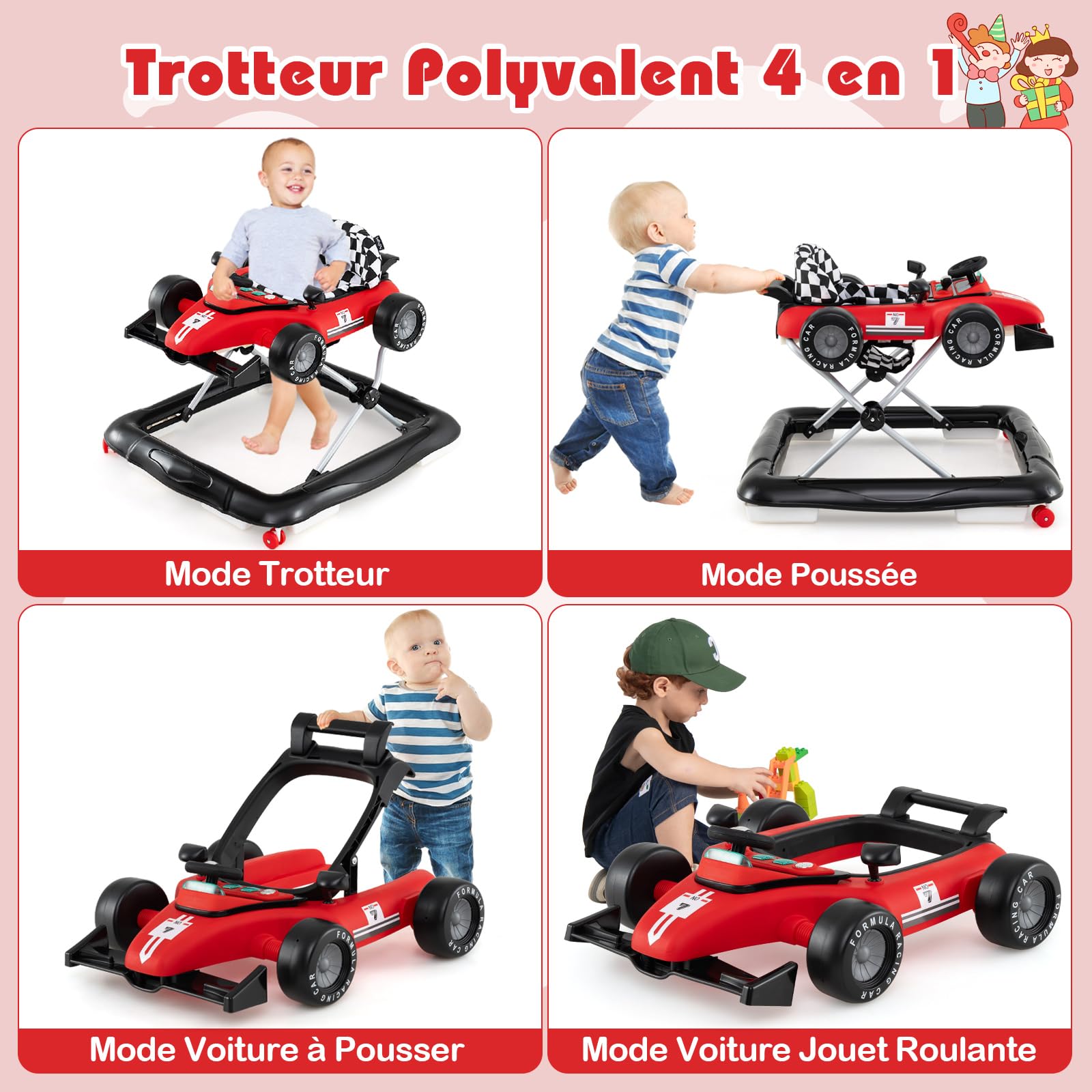 COSTWAY Trotteur Bébé Garçon Fille avec 3 Hauteur Réglable, Trotteur Marche Bébé Pliable Évolutif avec Boîte à Musique Amovible & Volant, Roues Silencieuses, Charge 12kg pour 6-18 Mois