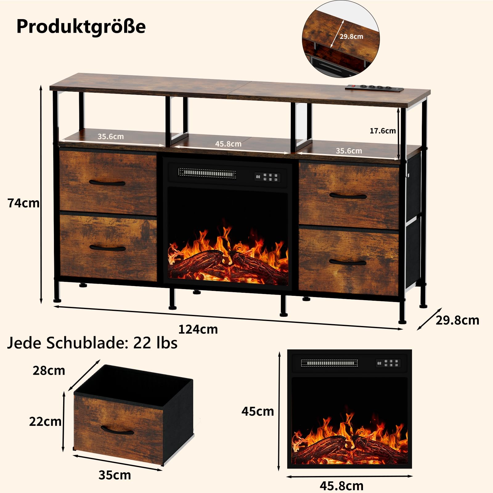 Waleaf TV Schrank, TV Lowboard mit 18 Zoll Elektrokamin, 3D Flammeneffekt & Heizung, LED Beleuchtung, 4 Stoffschubladen, Steckdosen & USB Buchse, Fernsehtisch für Fernseher bis zu 55 Zoll, Wohnzimmer