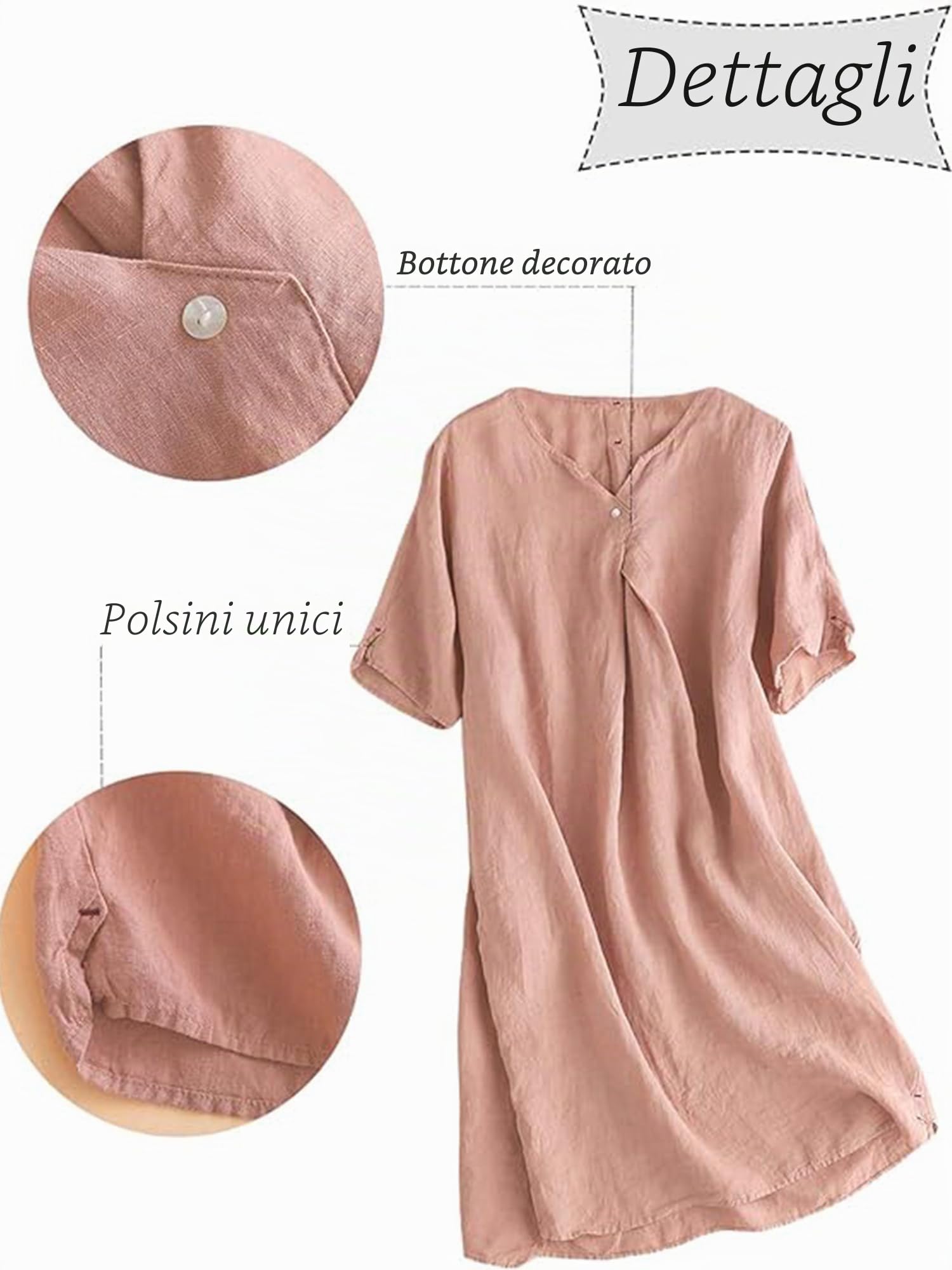 FTCayanz Donna Vestiti Estivi Scollo V Manica Corta Sciolto Casual Vestito Dress in Lino