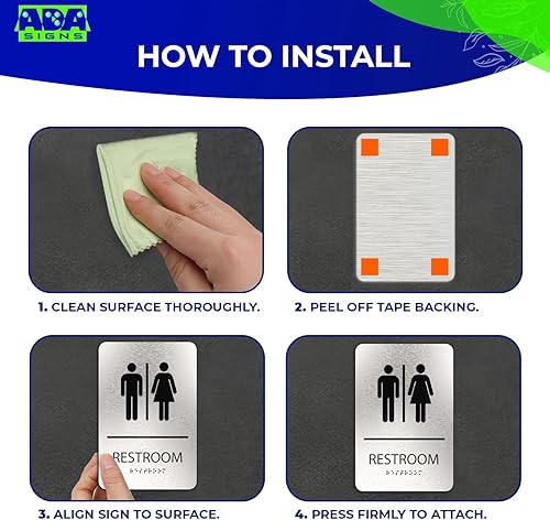 Miniatura 6 de ADASigns - Letrero unisex para baño, aluminio cepillado duradero de 6 x 9 pulgadas con Braille, fácil instalación con cinta adhesiva fuerte, Baño