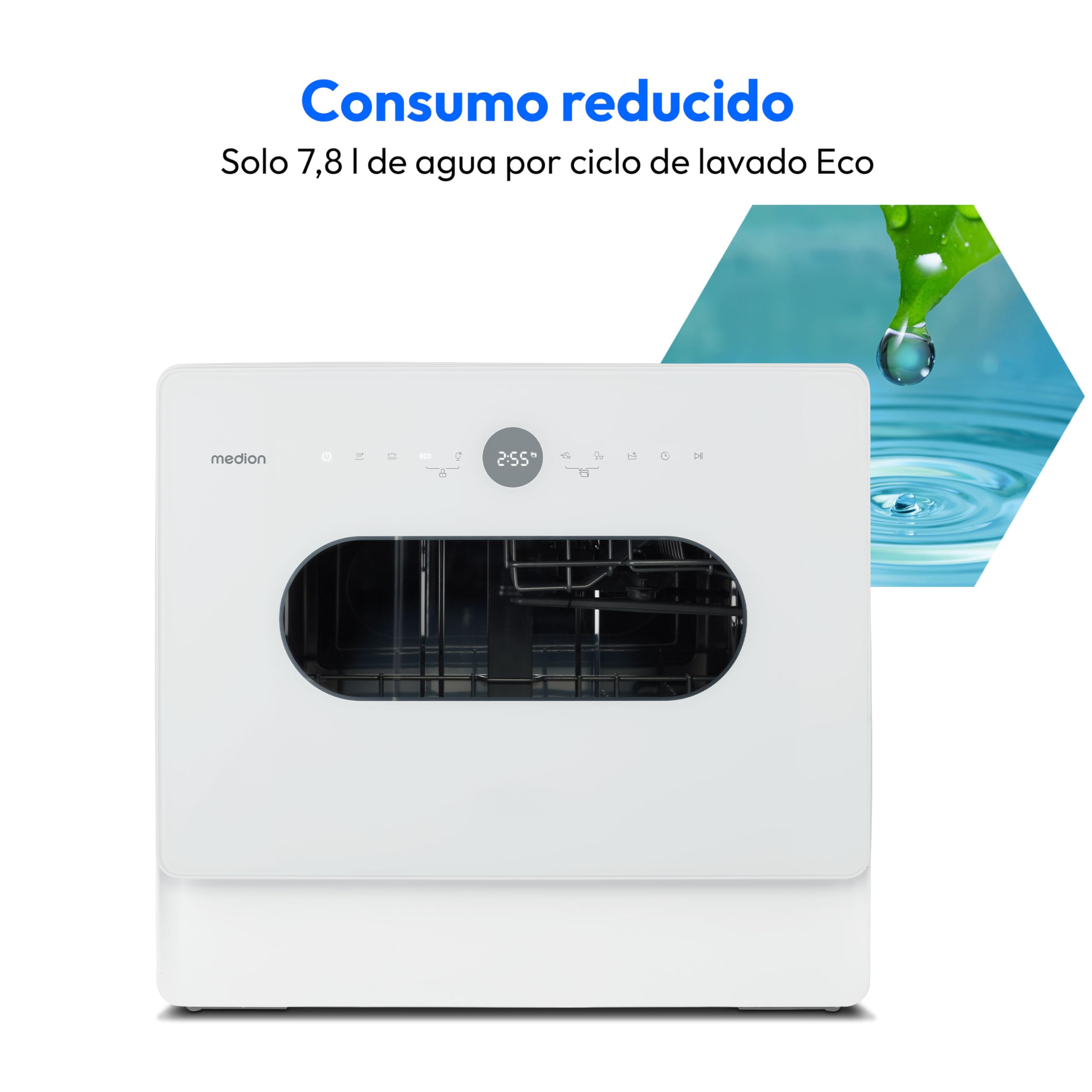 MEDION Mini Lavavajillas DWT51 (Lavavajillas de sobremesa con panel de control táctil, función cubo, 5 cubiertos, funciona con/sin toma de agua, 7 programas de limpieza