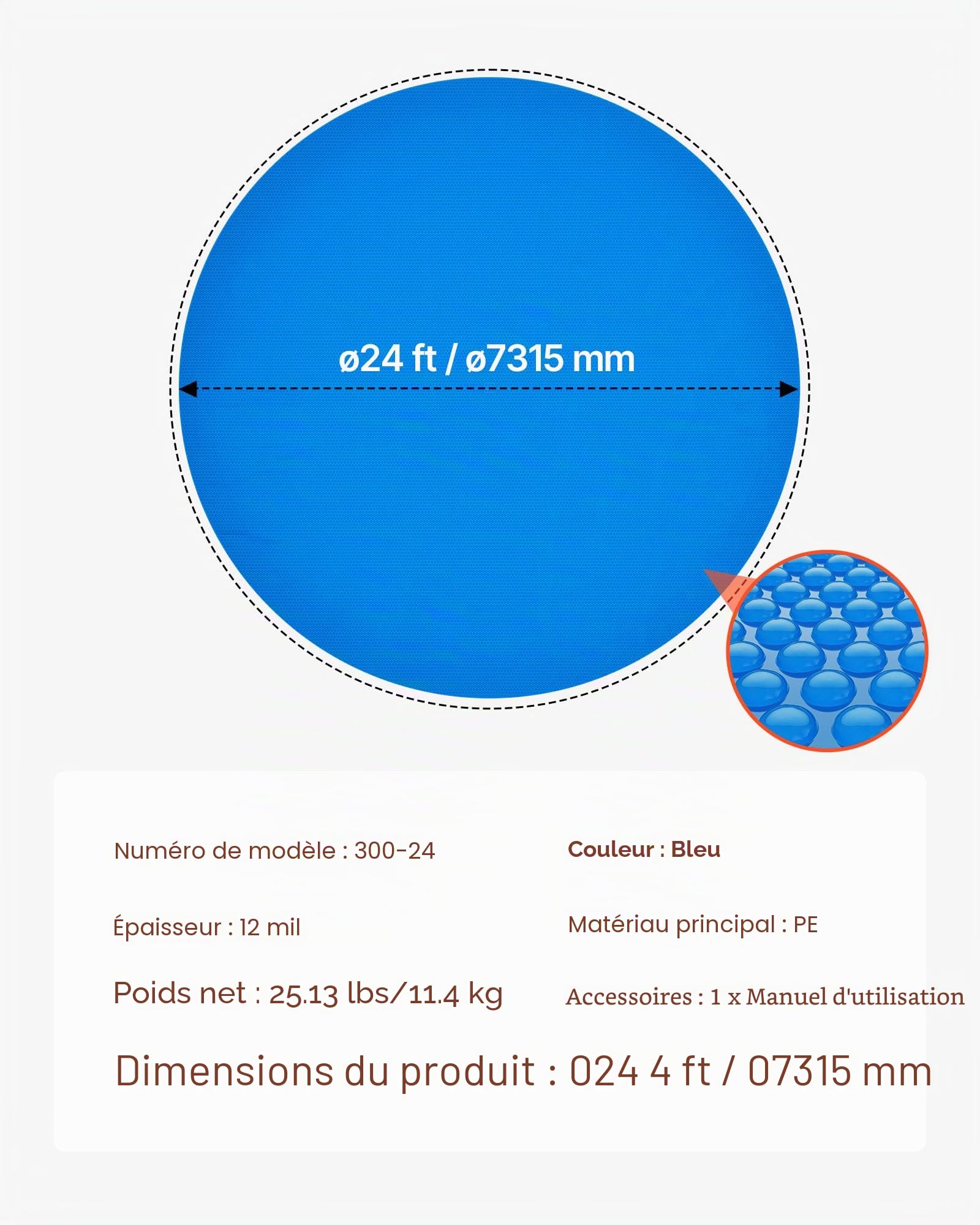 VEVOR Bâche Solaire Piscine Ronde 7,3 m Couverture Solaire Piscine Bâche à Bulles 0,3 mm en Polyéthylène PE Absorption de Chaleur Jour et Rétention Chaleur Nuit pour Piscines Hors Sol Creusées, Bleu