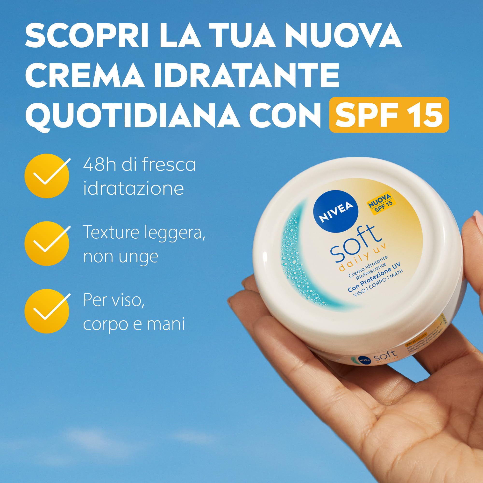NIVEA Soft Daily UV SPF15 100 ml, Crema idratante corpo, viso e mani per 48 ore di fresca idratazione, Crema multiuso con Vitamina E, Olio di Jojoba e protezione solare SPF 15 UVA + UVB