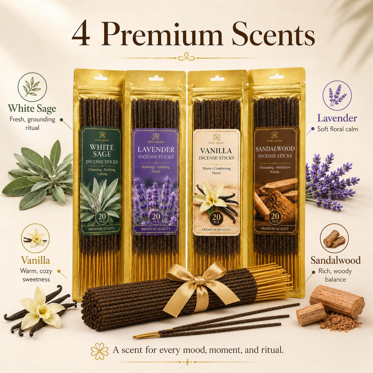 RAINFLOW Räucherstäbchen, weißer Salbei, Sandelholz, natürlich, Lavendel-Vanille-Stäbchen, 4 Düfte ohne Räucherstäbchenhalter, Meditation, spirituelle Reinigung, Geschenk-Set, indischer Duft, 80 Stück