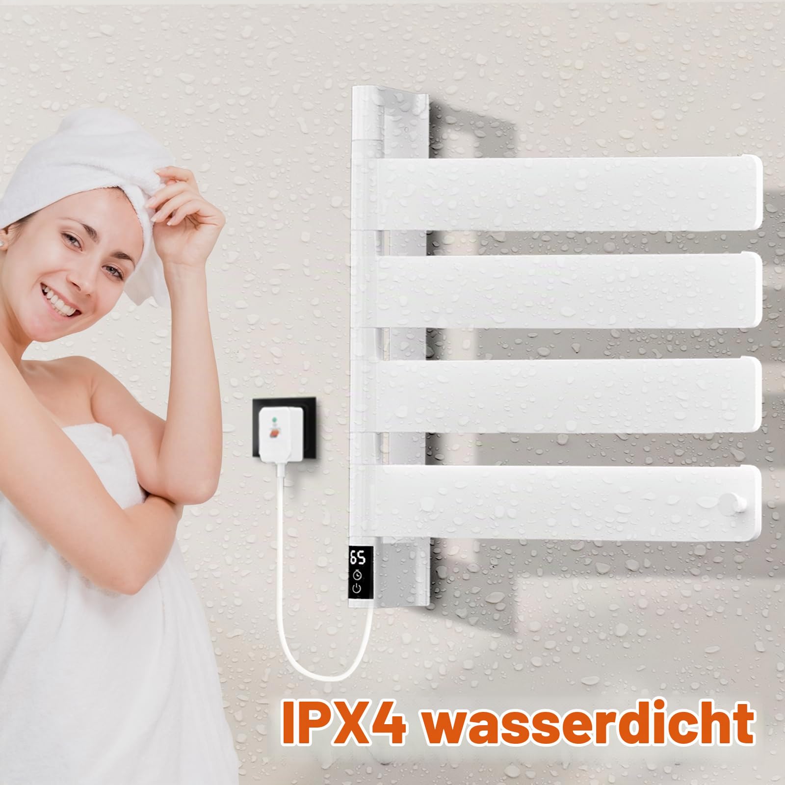 TINS Handtuchheizkörper Elektrisch Weiß Badheizkörper Elektrisch mit LED Anzeige 180° Drehung Elektrischer Handtuchhalter mit Timer/Einstellbarer Temperatu Intelligenter Thermostat-35.1×44.4×9.5 cm