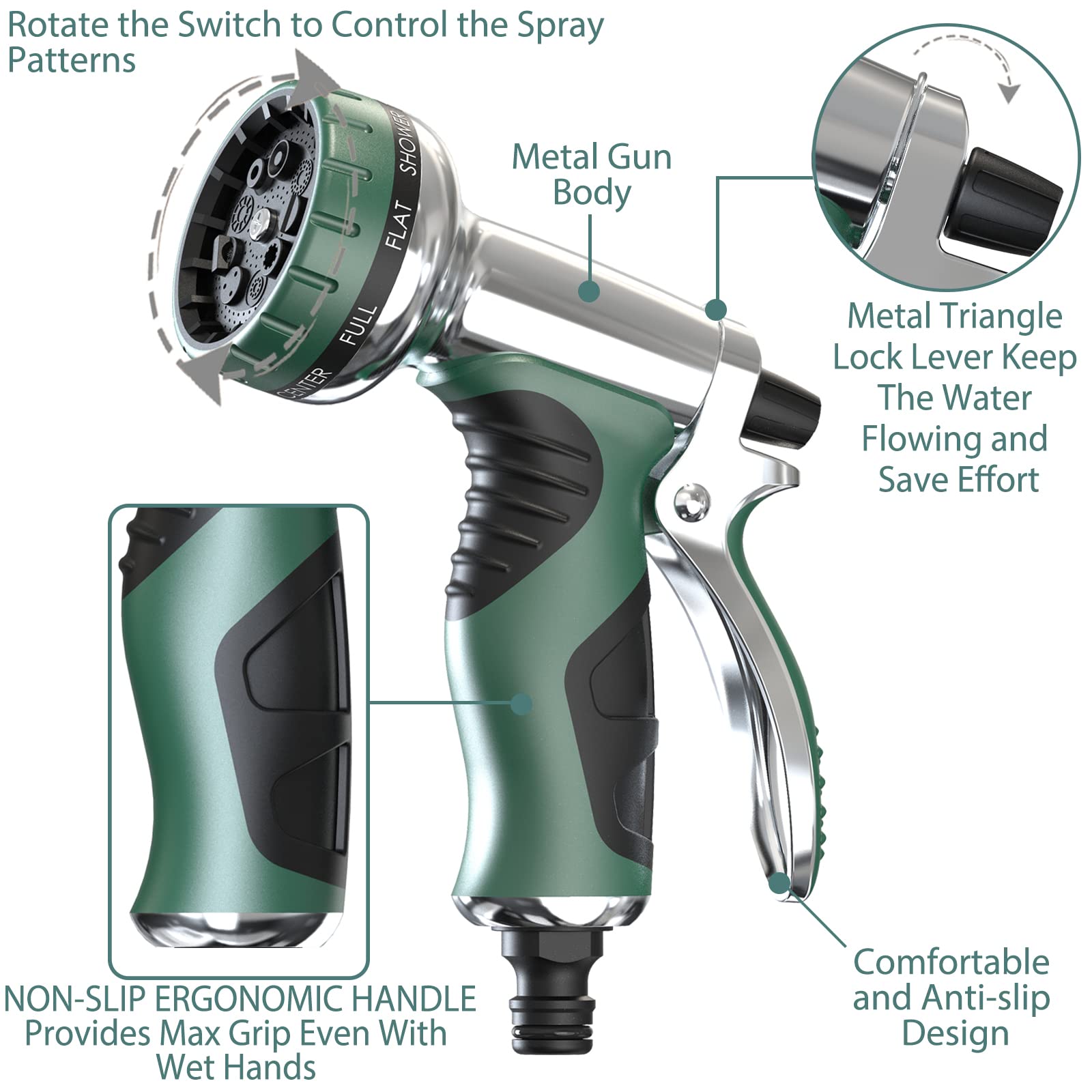 HmiL-U Pistolet d'arrosage en métal avec 9 motifs pour arroser les plantes, laver les voitures, animaux domestiques