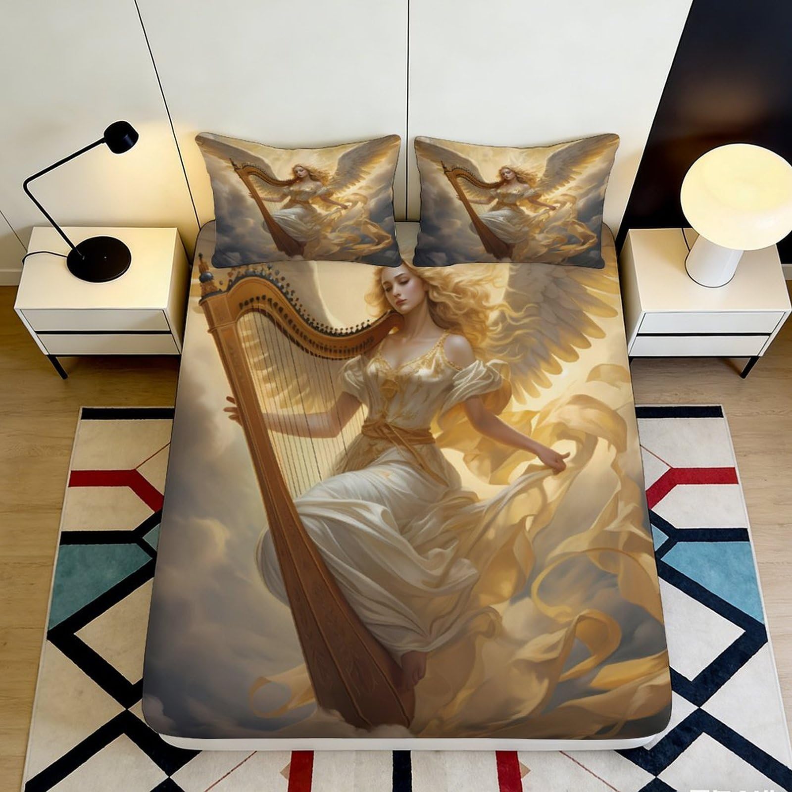 3D Printed Angel Harp Fitted Sheet Microfiber Soft Breathable Golden Wings Bed Cover for Bedroom Dormitory Guest Room Mattress Protection Decor 160x200x25cm