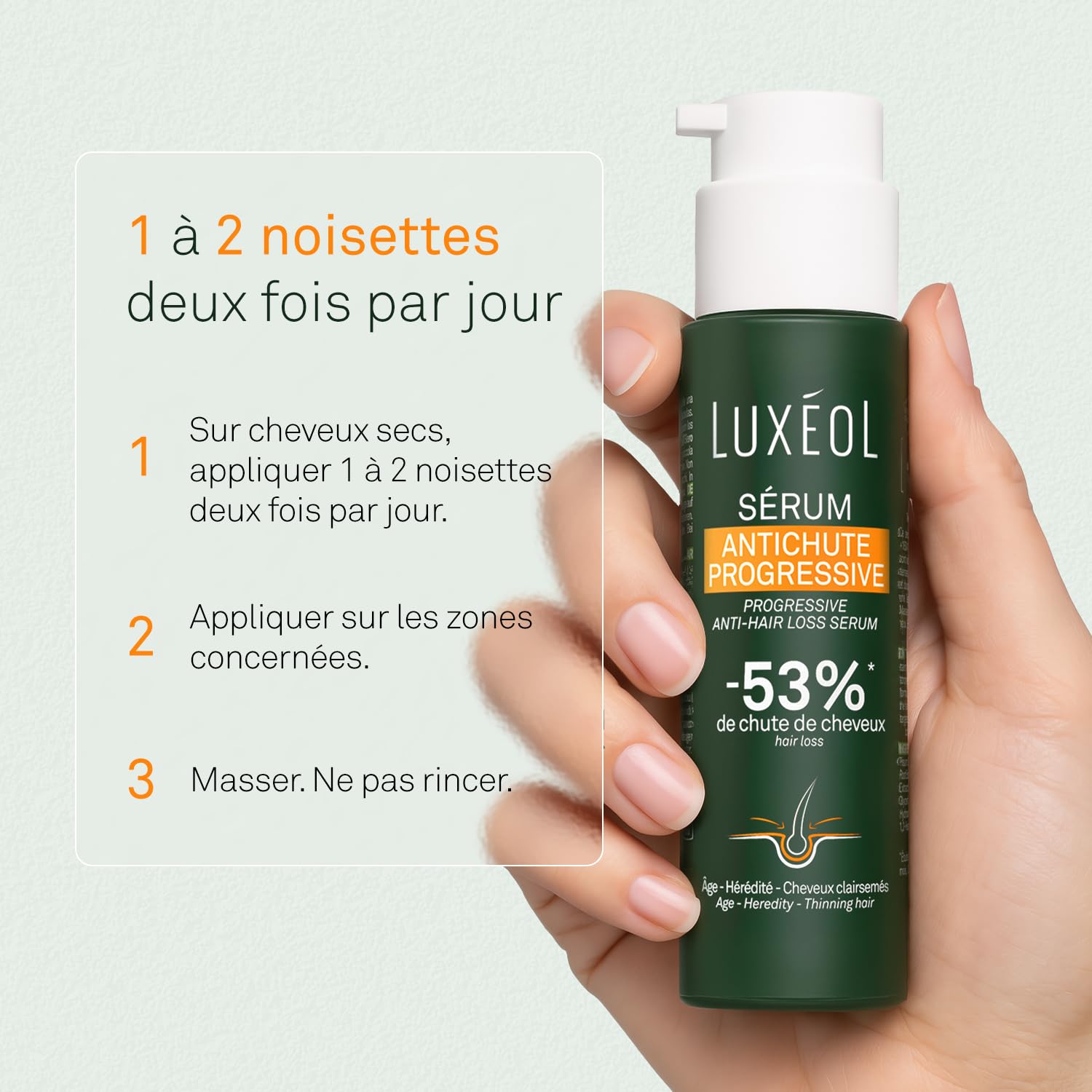 LUXEOL - Sérum Cheveux Antichute Progressive - Âge, Hérédité, Clairsemés - 3669 Cheveux Sauvés de la Phase de Chute* - 96% D'Ingrédients D'Origine Naturelle - Sans Silicones - Made In France - 100 ml