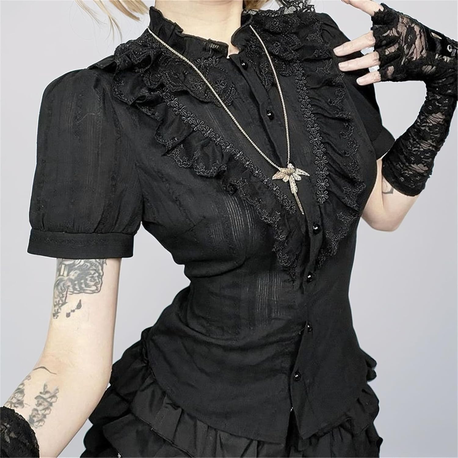 Women Grunge Goth Mock Neck T Shirt - Lace Trim Puff Short Sleeve Fitted Emo Top Tee Journey Party - Image 3